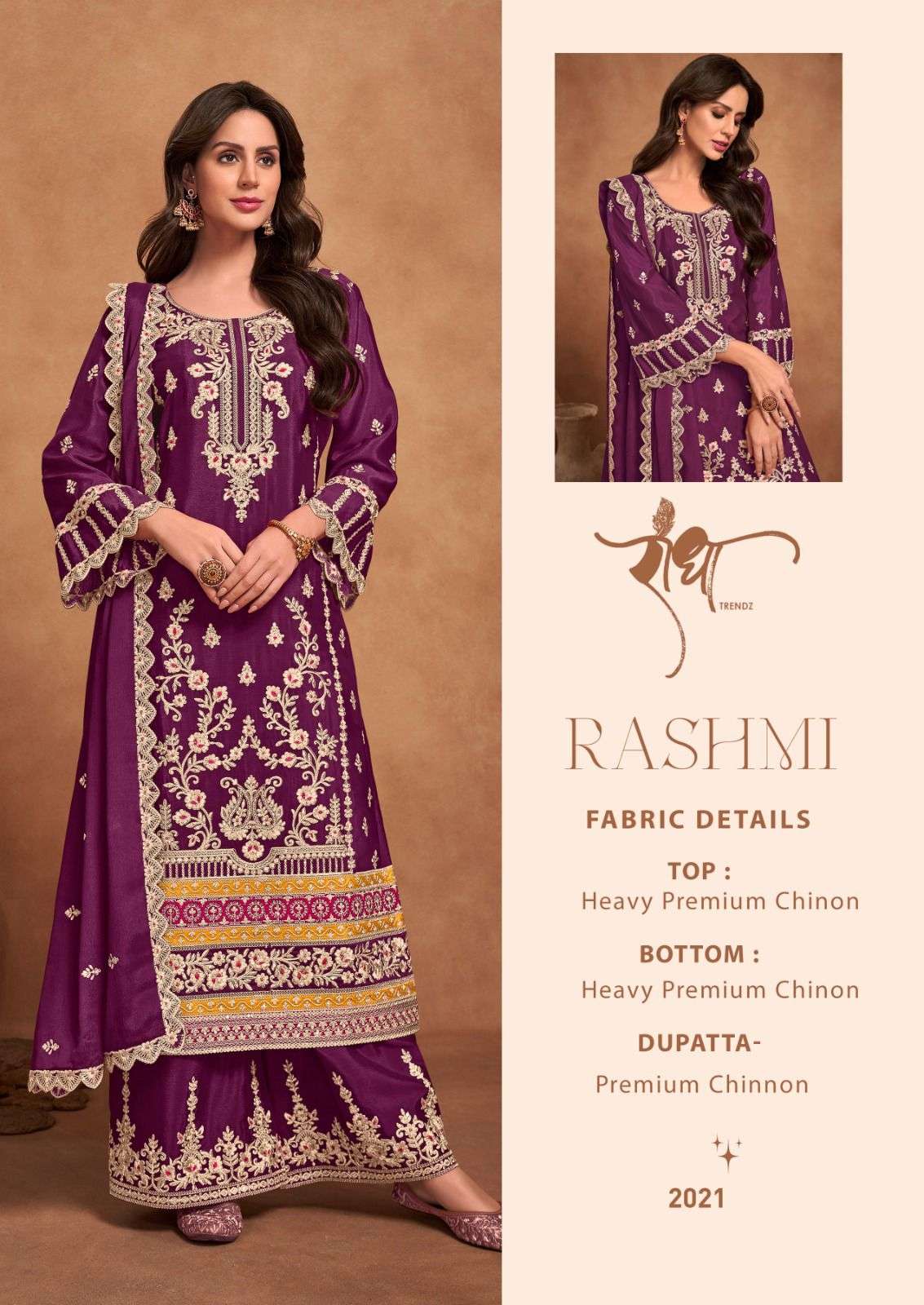 radha trendz catalogue rashmi 2021 series top heavy chinon  with heavy embroidary work free size stitched bottom heavy premium chinon readymade suit 