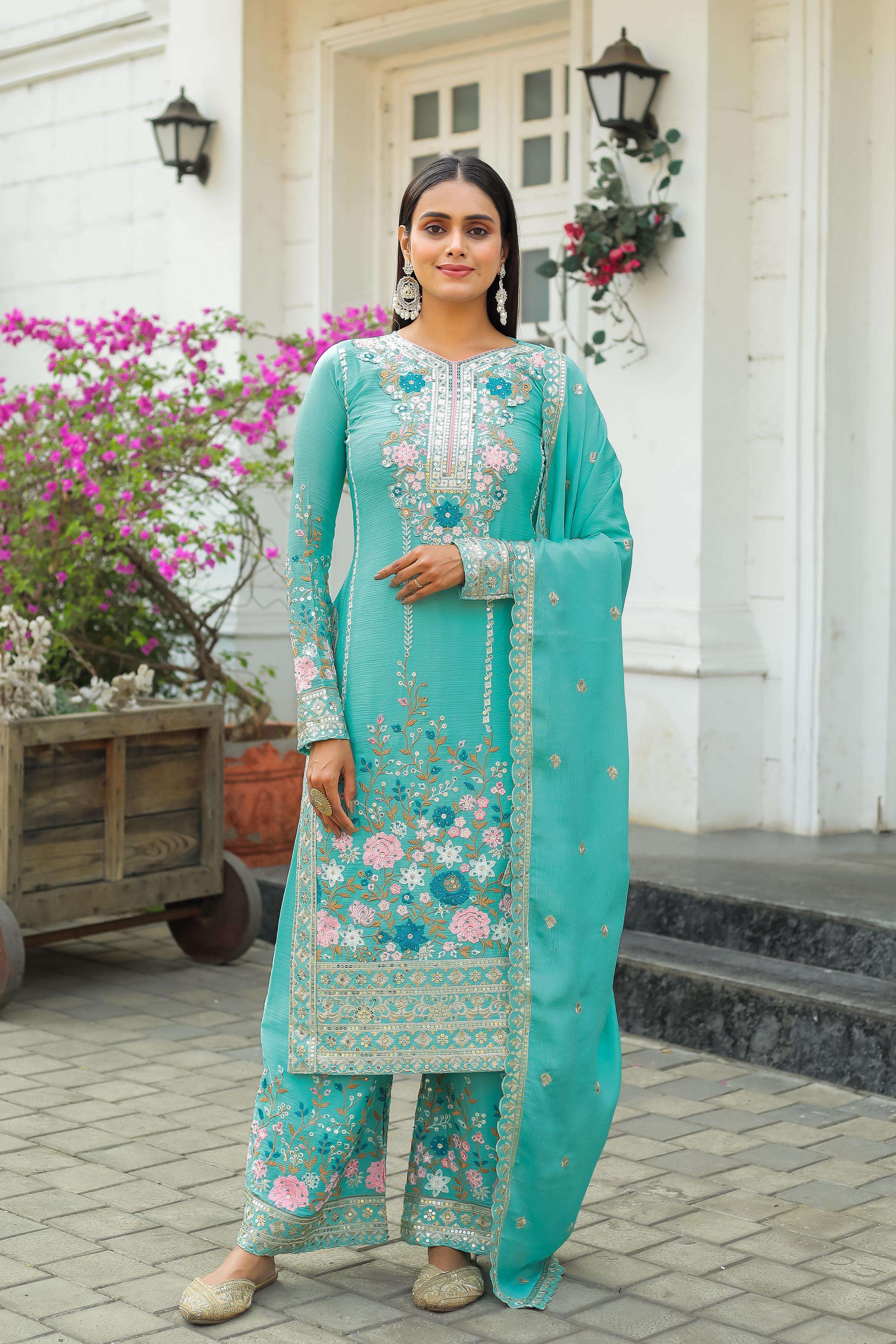 readymade partywear suit premium designer readymade top plazzo collections party wear look pure chinon silk top plazzo n dupatta set code ad140 new colours