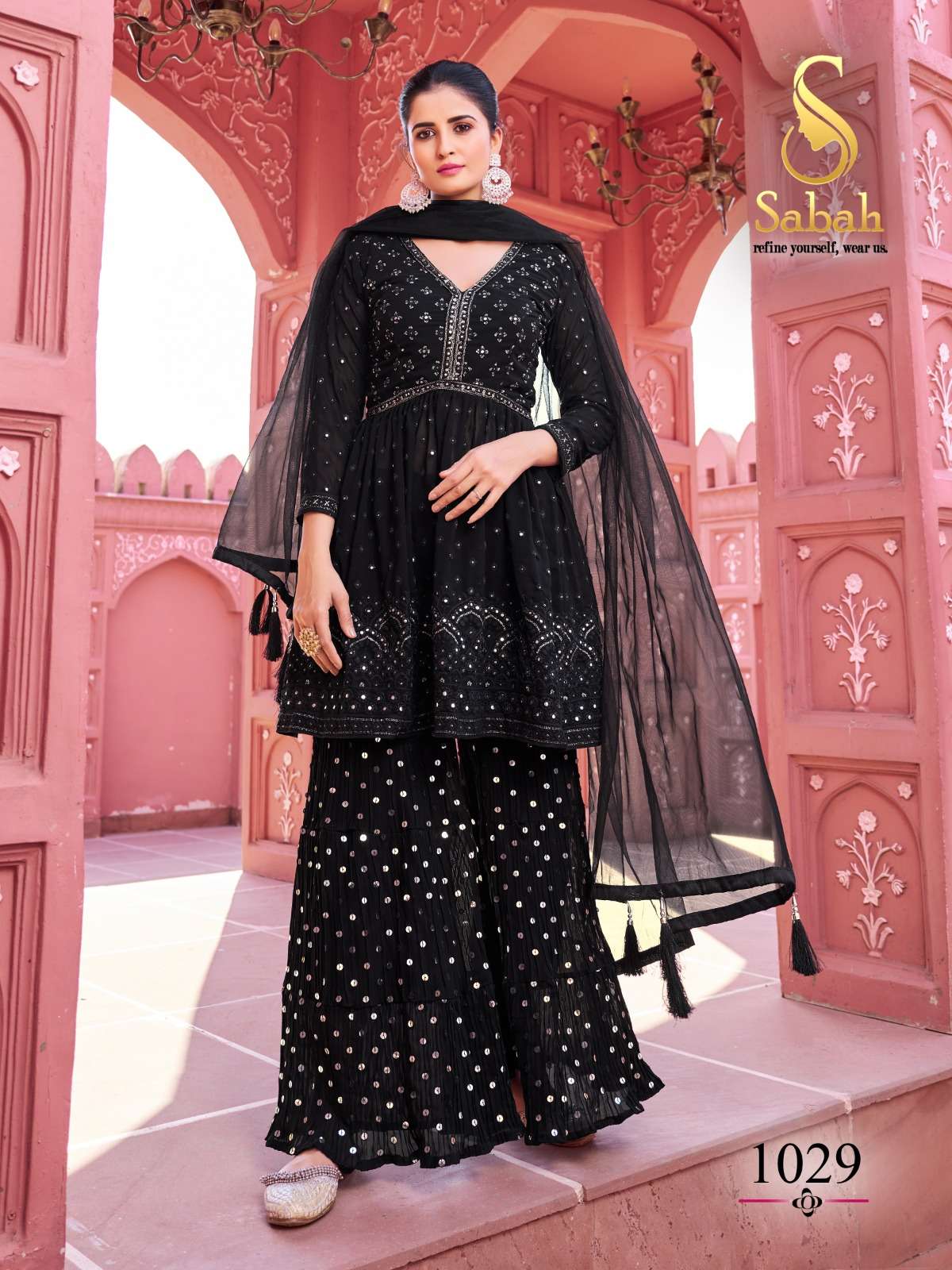 sabah catalogue black n white series 1029 to 1030 fabric gerogette front and back embroidered designer partywear sharara suit in black colour n in white colour 