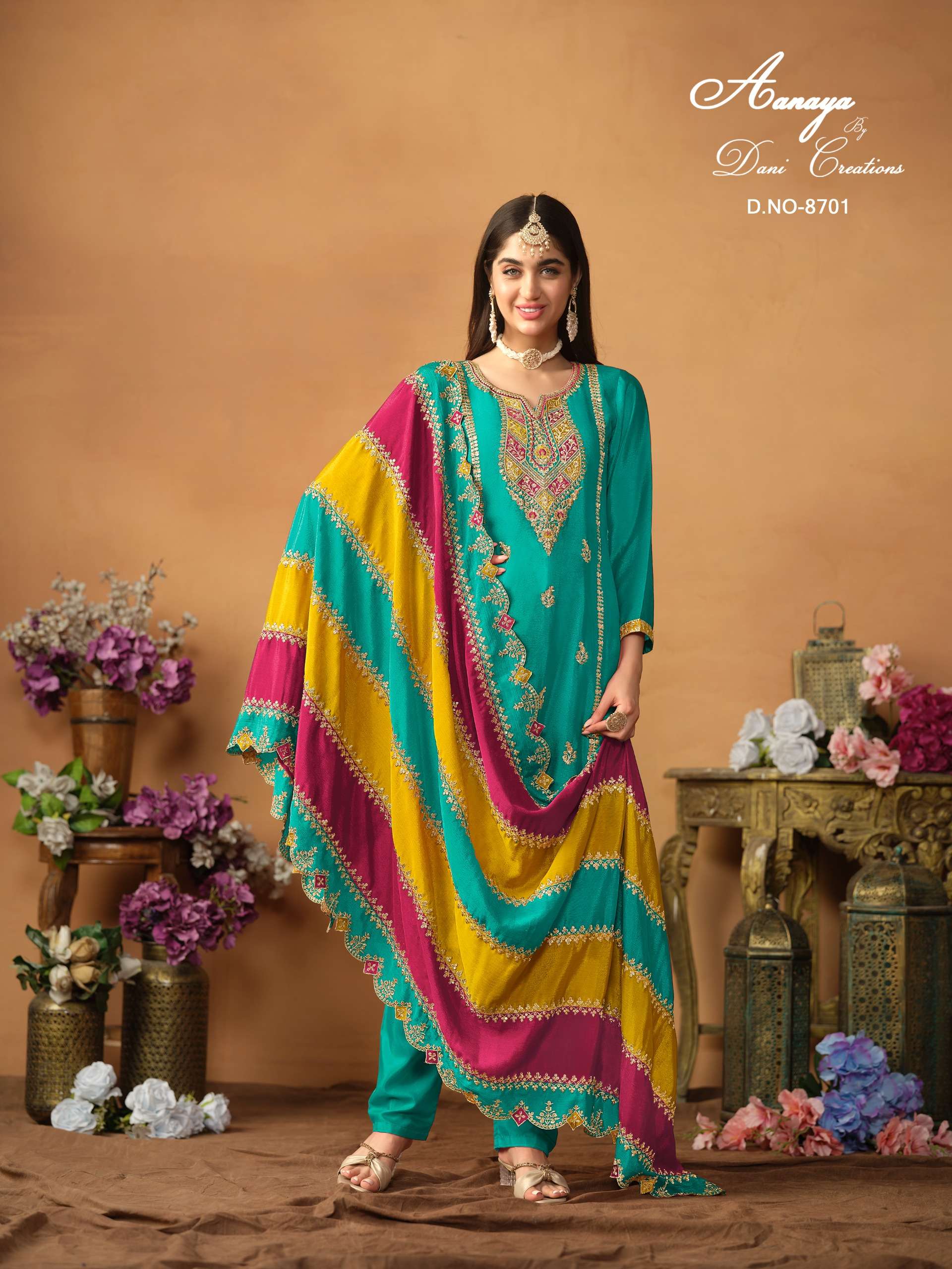 aanaya by dani creation catalogue aanaya vol 187 series 8701 to 8703 top chinon silk inner santool dupatta chinon silk heavy embroidery dresses 