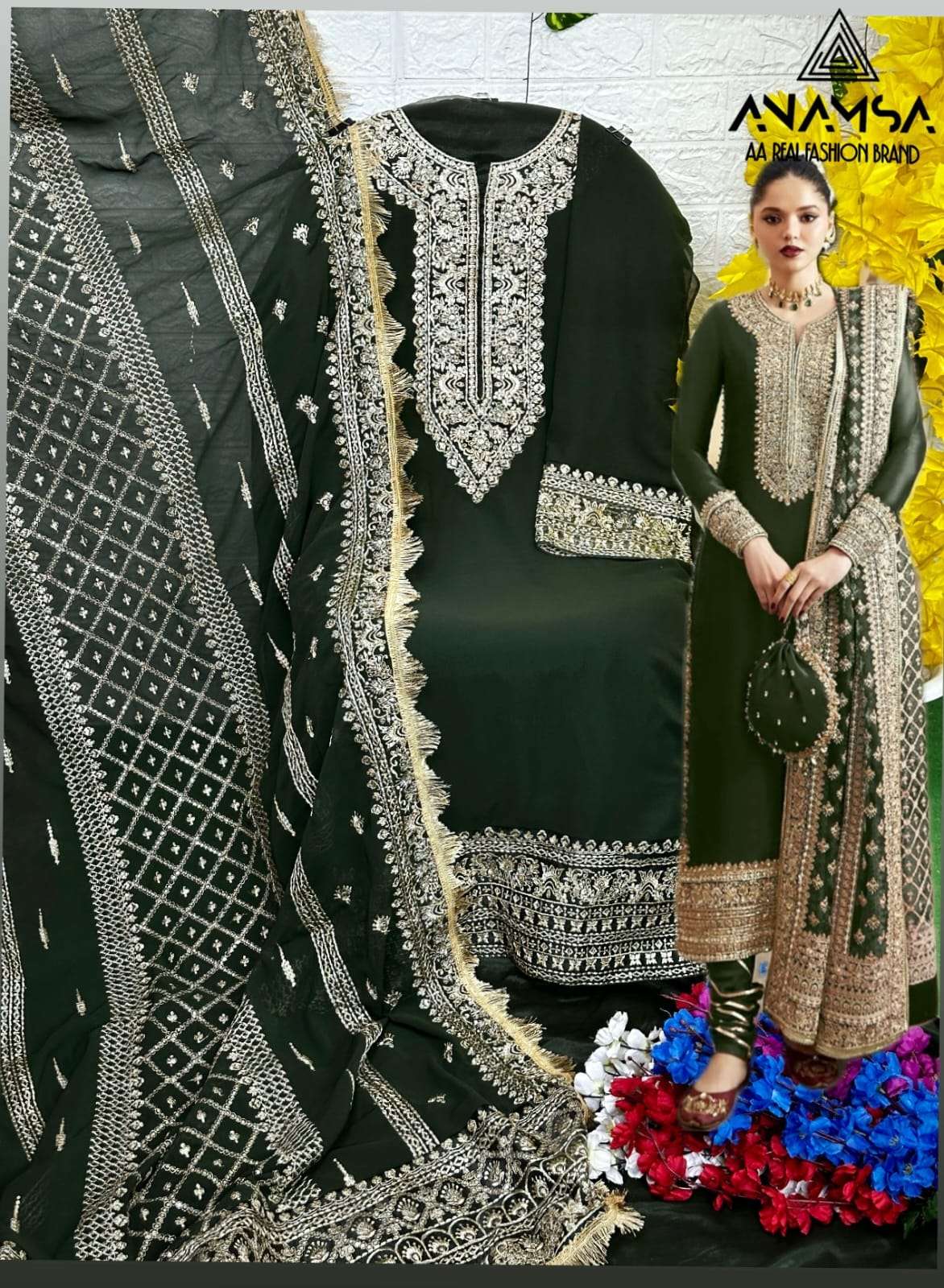 anamsa 7773 semi stitched  anamsa 411 colours heavy pure fox georgette with heavy embroidered very beautiful design and sequence work high quality material very beautiful semi stitched outfit