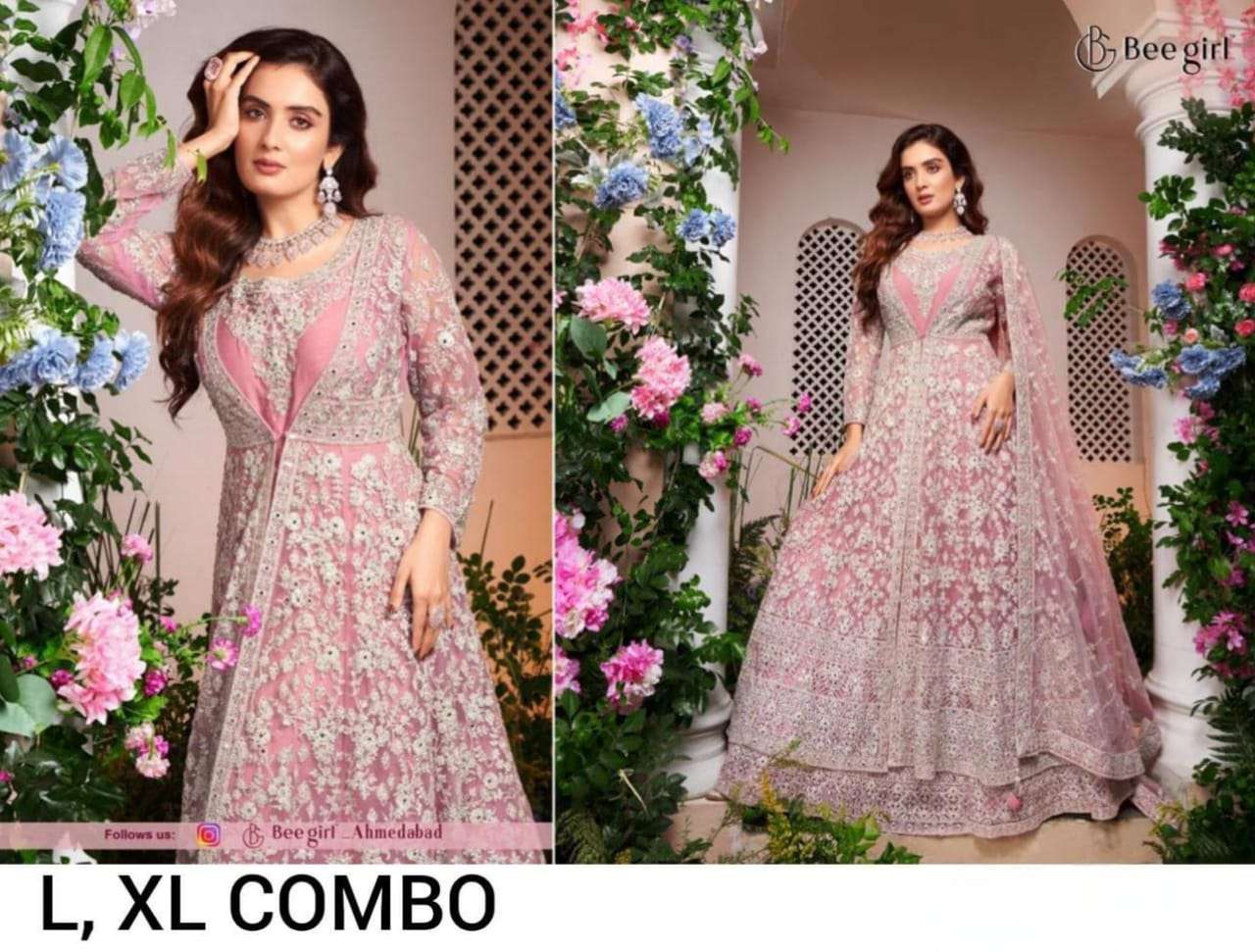 bee girl radiating timeless charm and sophistication this bridal ensemble features a jacket-style lehengameticulously crafted to perfection the soft light pink hue exudes femininity and grace