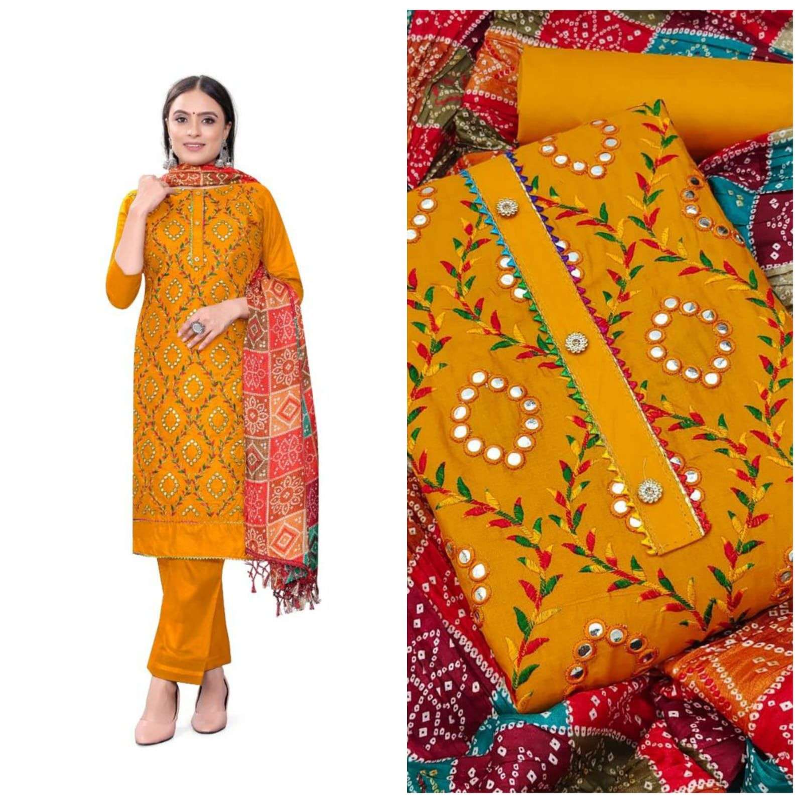 dress material exclusive dress material suit  for women top fabrics cotton bottom fabrics cotton dupatta fancy badhani dupatta work type multi mirror work