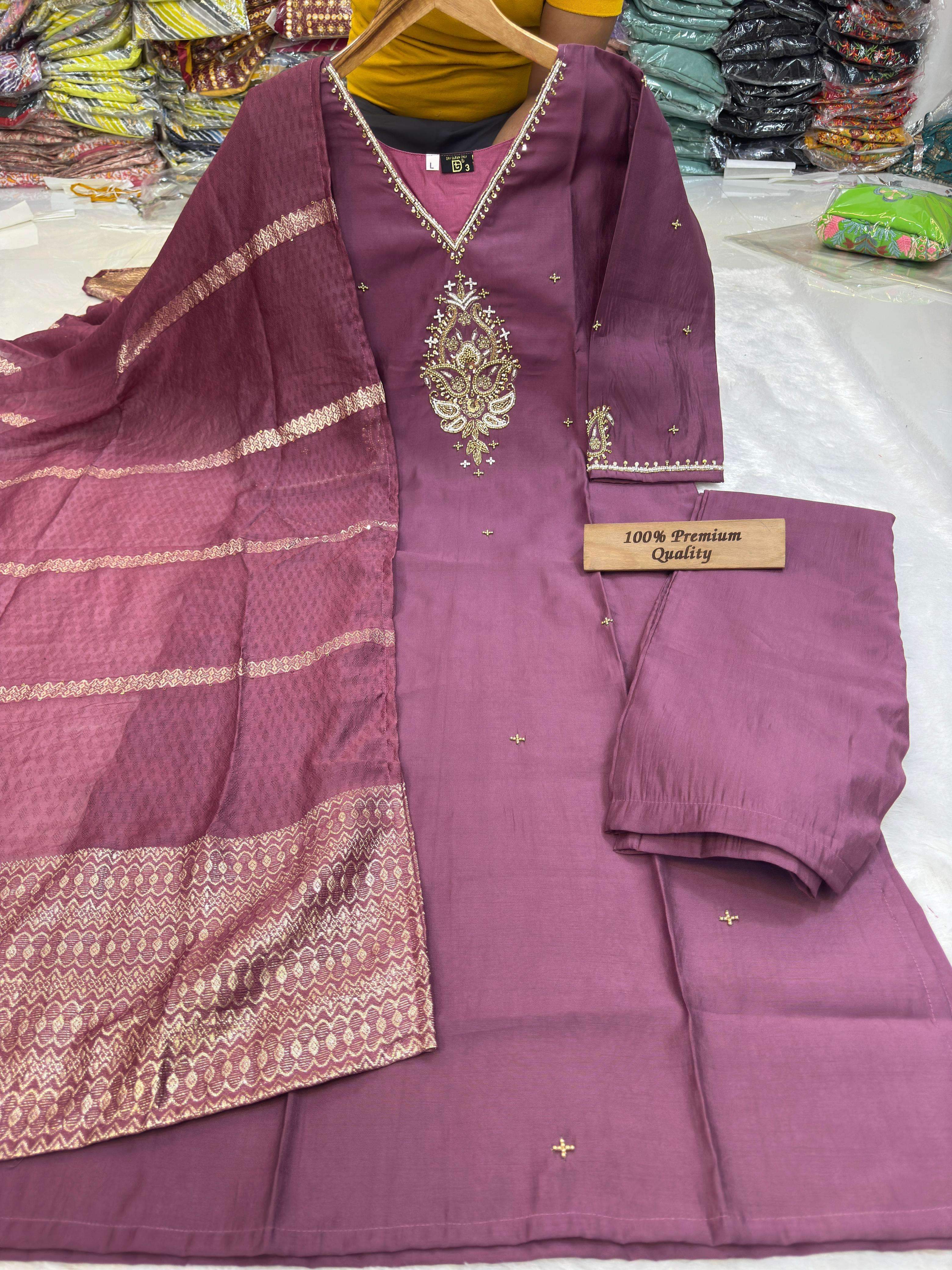 festival special handwork description top pure roman silk suit with inner with beautiful pure handwork in neck sleeves and front bottom pure roman silk with inner 