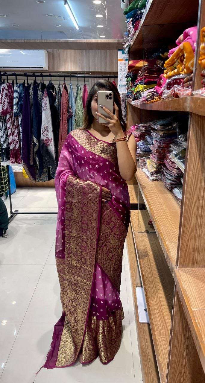 kanjiwarm pretty and beautiful boutique series high quality comfortable bandhej silk drapes with kanchipuram jari border that is super stylish and pretty saree pure bandhej silk saree