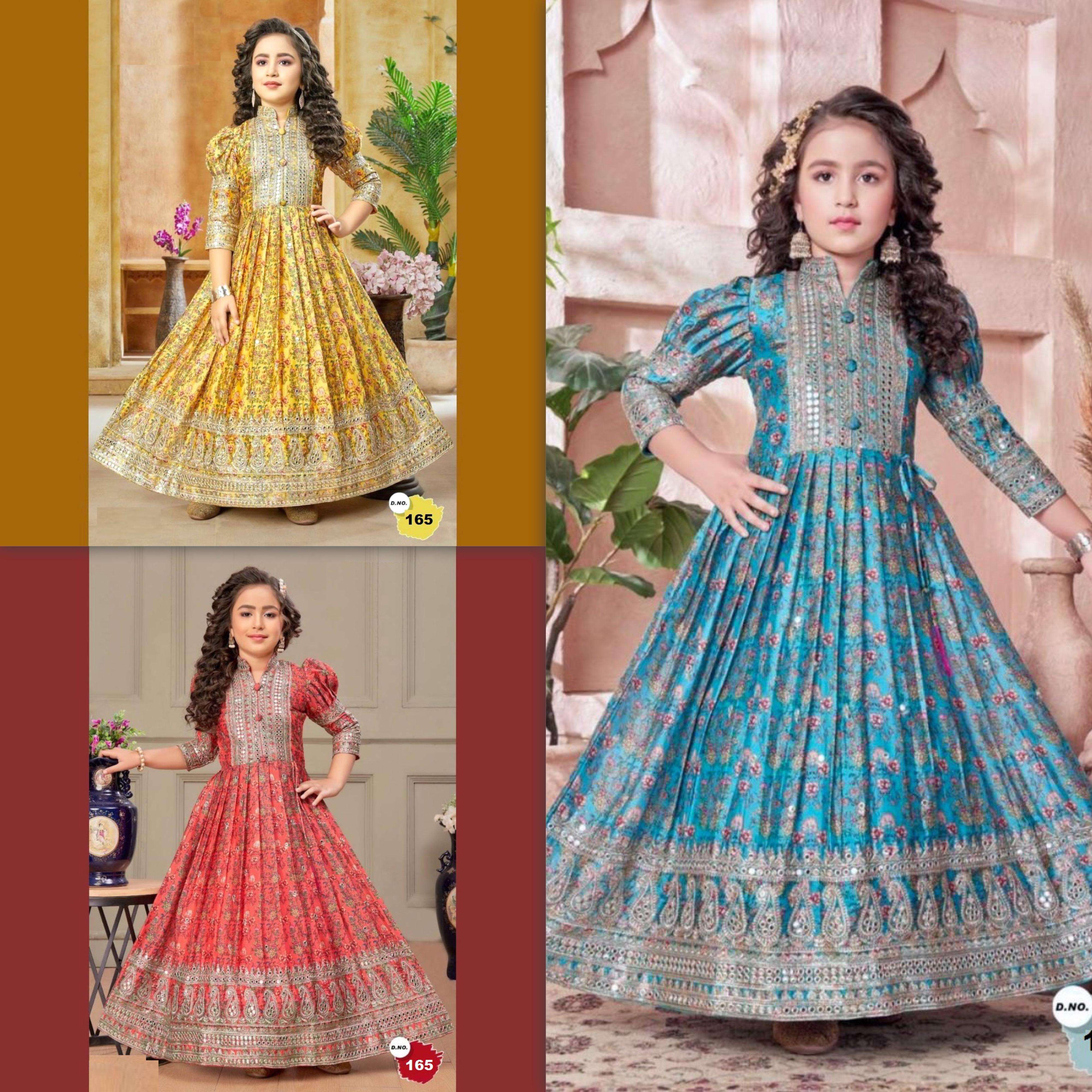 kids girls wear 3 year to 15 year ethnic wear gown cheavy chinon silk gown with digital print work with embroidered sequnce work ready to wear collection code oc 165 fabric details gown 