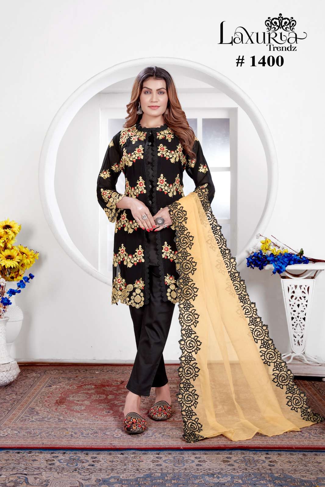 laxuria trendz design number 1400 shrug classic heavy embroidery with  heavy handwork style koti shrug paired with inner with glamours embroideried sleeves n pant with organza embroidered dupatta