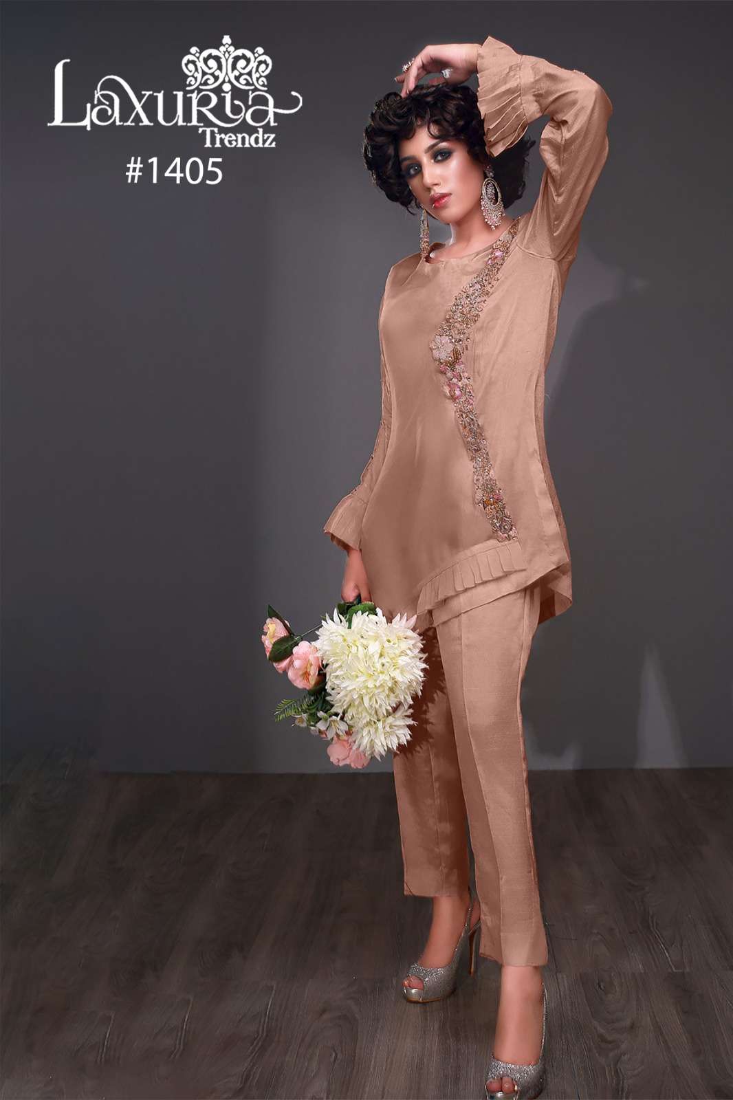 laxuria trendz design number 1405 cord set designer tunic with gorgeous handwork n sleeves in pattern with pearl n glamours look paired with pants partywear cord set 