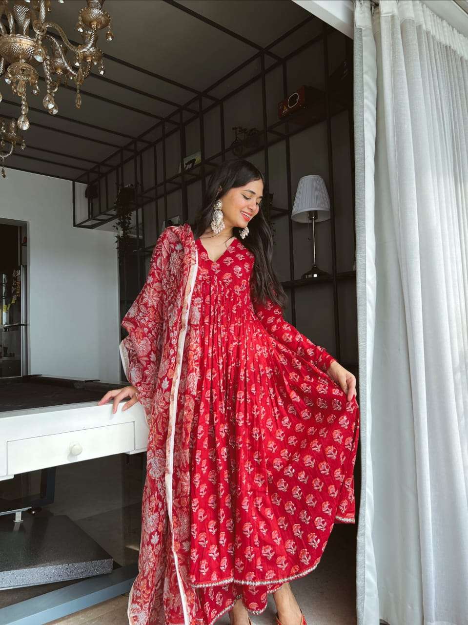 new comes in red lights brand piece featuring beautiful pure cotton 60 60 suit set which is beautifully decorated with hand prints it is paired with matching pants and lace dupatta readymade suit