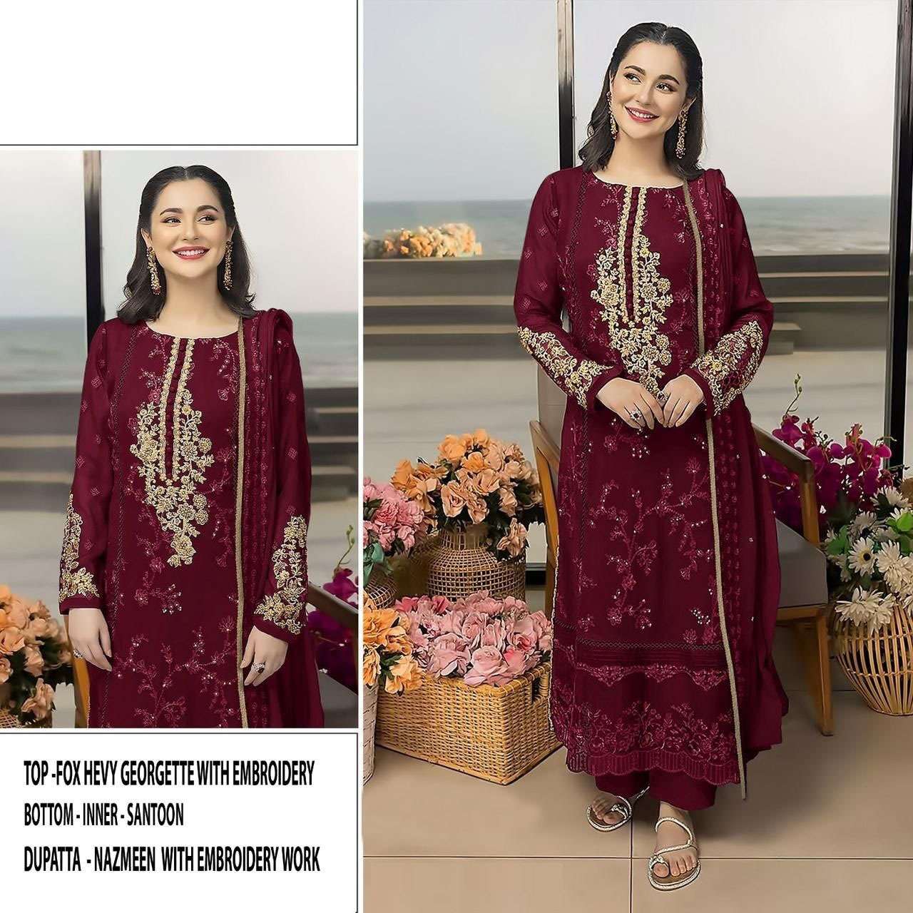 pakistani suit top fox georgette embroidered dupatta nazmeen with embroidered bottom n inner dull santon asim jofa pakistani suit 