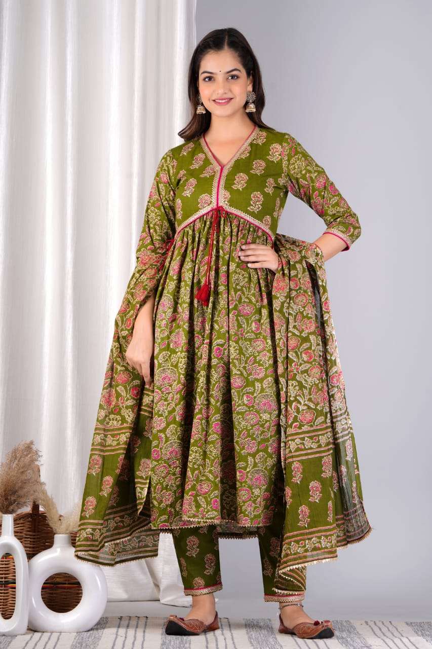 premium cotton maharani alia cut suit set for a festive gathering, youll can opt for our green and orange suit set which is decorated with finest handwork and lace with matching pants and dupatta