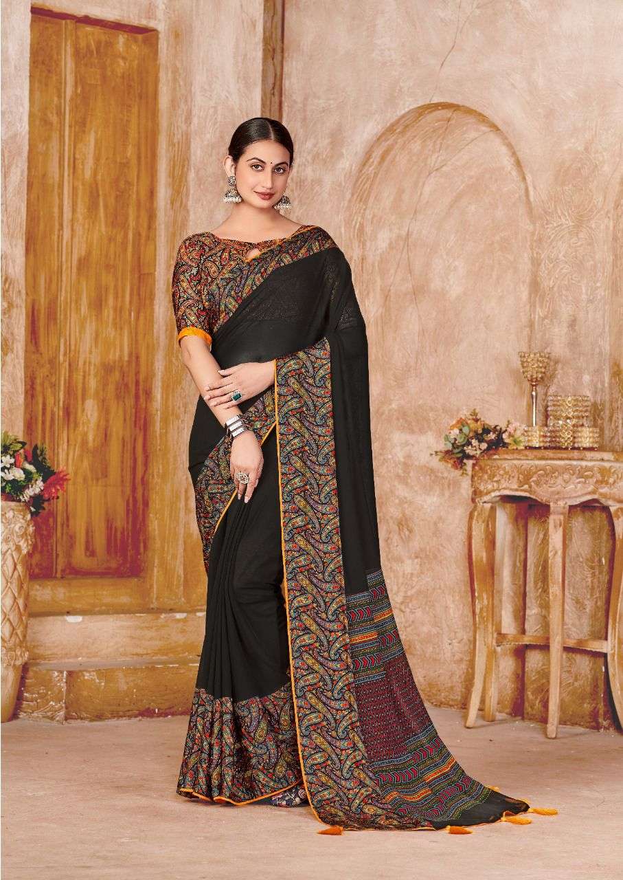 saree catalogue jeevika fabric weightless georgette fabric with border lace patti and sattin border with running blouse dailywear simple saree 