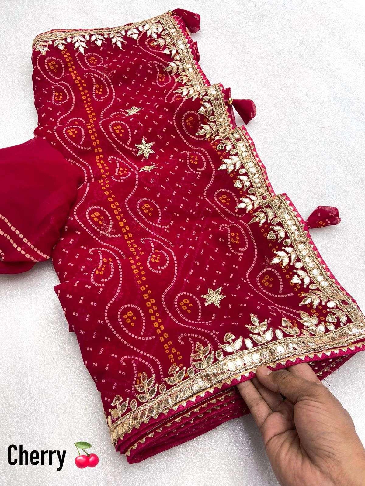 saree fabric n details soft peding georgette bandhej saree with c pallu gotapatti work in whole saree nd rich look butti with latkan blouse running blouse unstitched 4 ultimate colour available