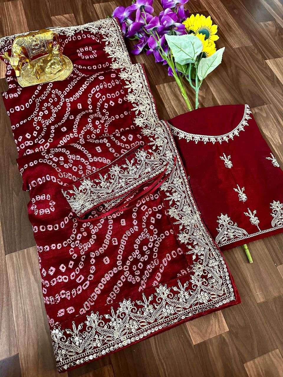saree karam saree premium dola silk with excellent bandhani print fancy colour combinations with extraordinary concepts comes with work sequence multi thread zari work border  