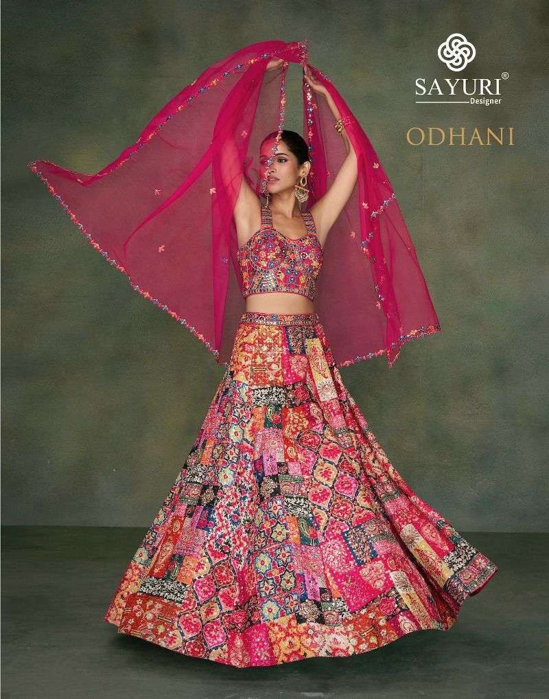 sayuri designer catalogue odhani series 5363 to 5365 designer partywear heavy lehenga fabric tafeta silk n pure silk front and back embroidered with cancan duptta organza net