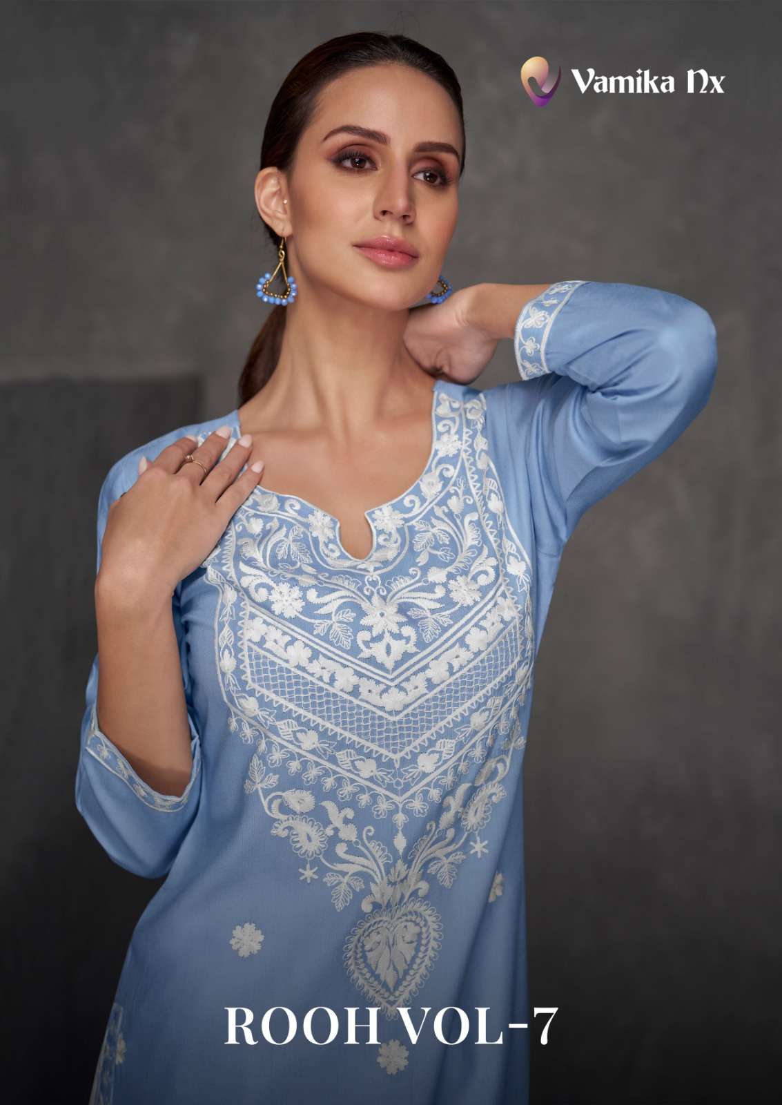 vamika nx catalogue rooh vol 7 series 1136 to 1141 premium collection fabric details top pure reyon viscos with lakhnawi stitch pant pure viscos reyon kurti with white pant