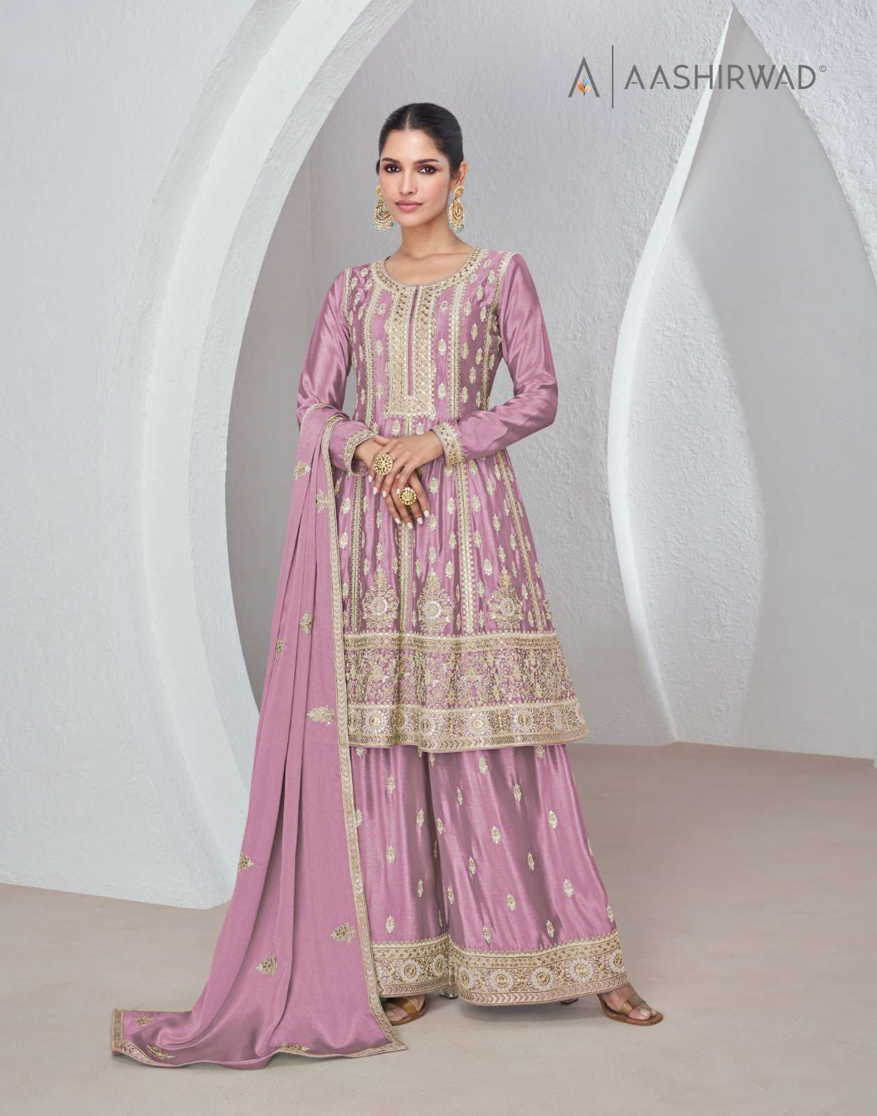 aashirwaad creation catalogue sajda series 9959 to 9961 top premium chinnon silk free size stitch plazzo premium chinnon silk free size stitch readymade partywear dresses