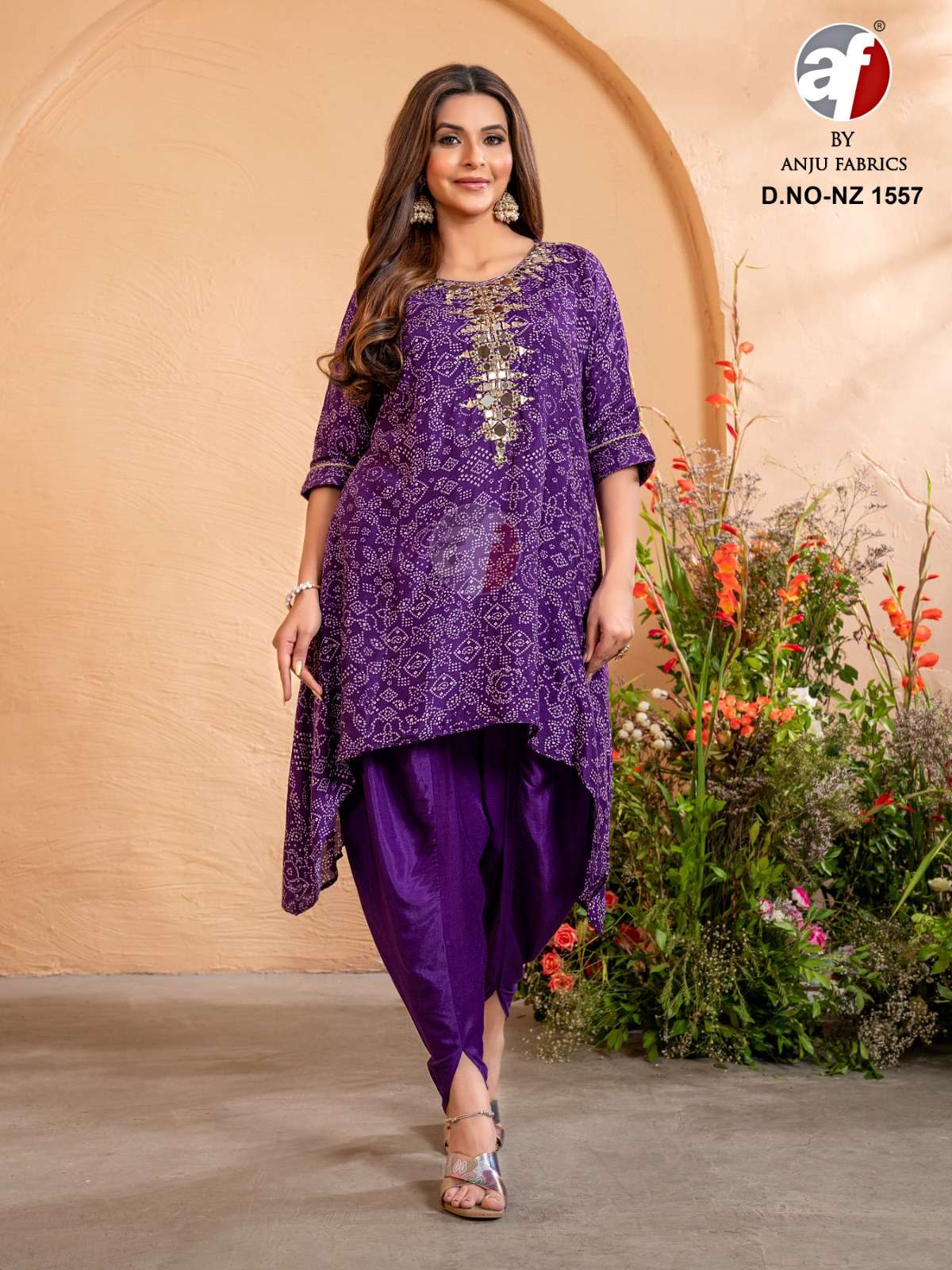 anju fabric design number nz 1557 kaftan kurti with tulip pant  fabric pure dola silk  work manual mirror embroidery work size m to xxl colour 2