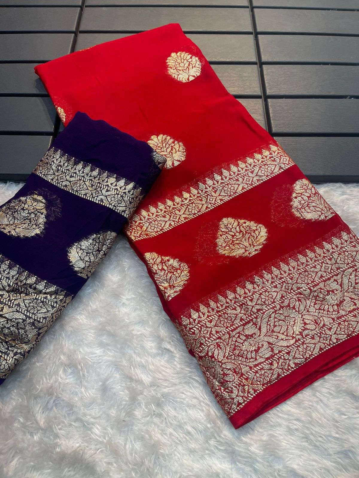 designer partywear saree dn anu pure viscose georgette weaving jacquard saree with contrast color blouse heavy readymade saree 
