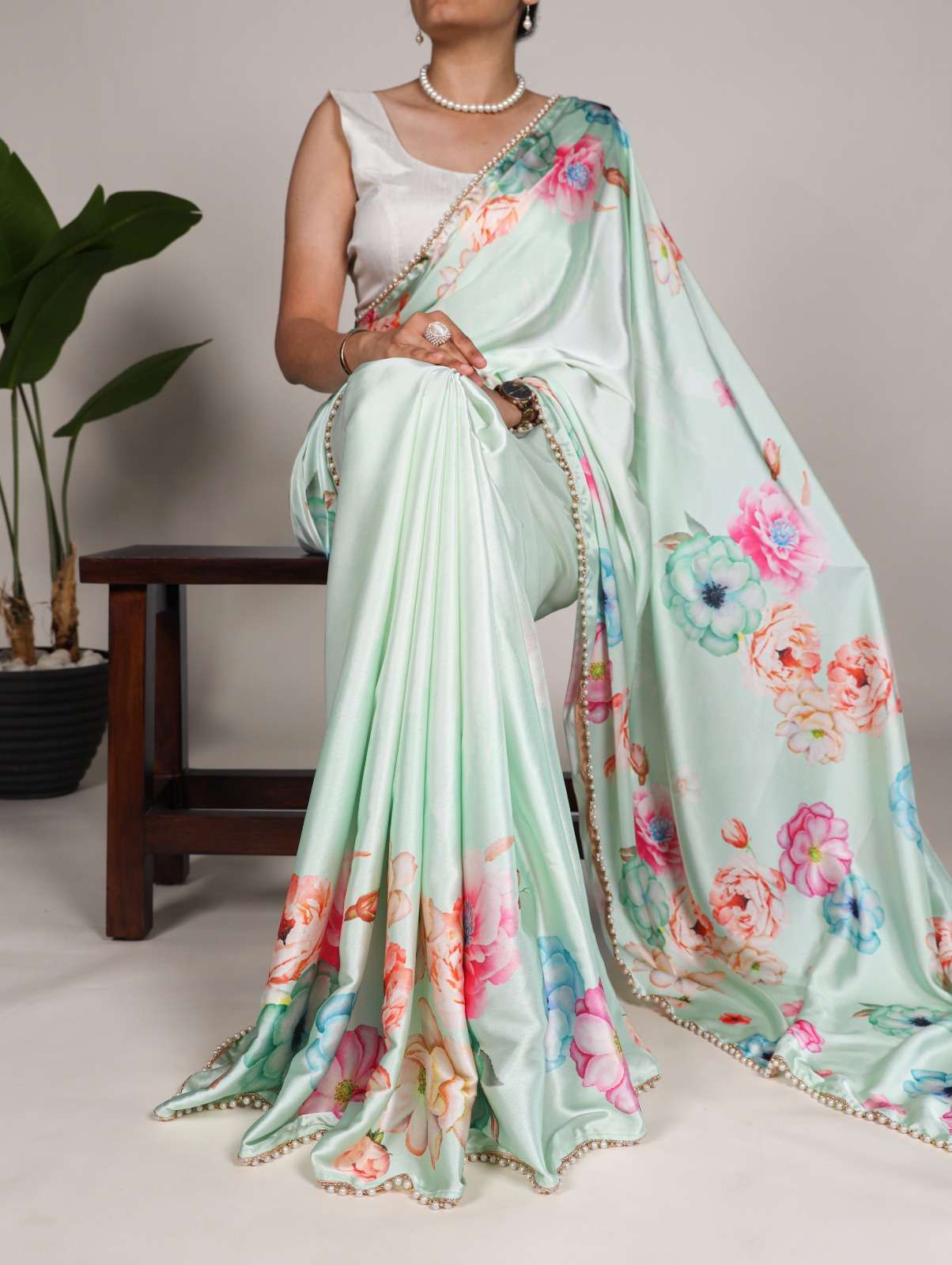 designer saree satin saree collection pearl edged floral satin saree ynf7028 saree saree fabric satin silk saree work floral print with pearl lace border blouse fabric banglory