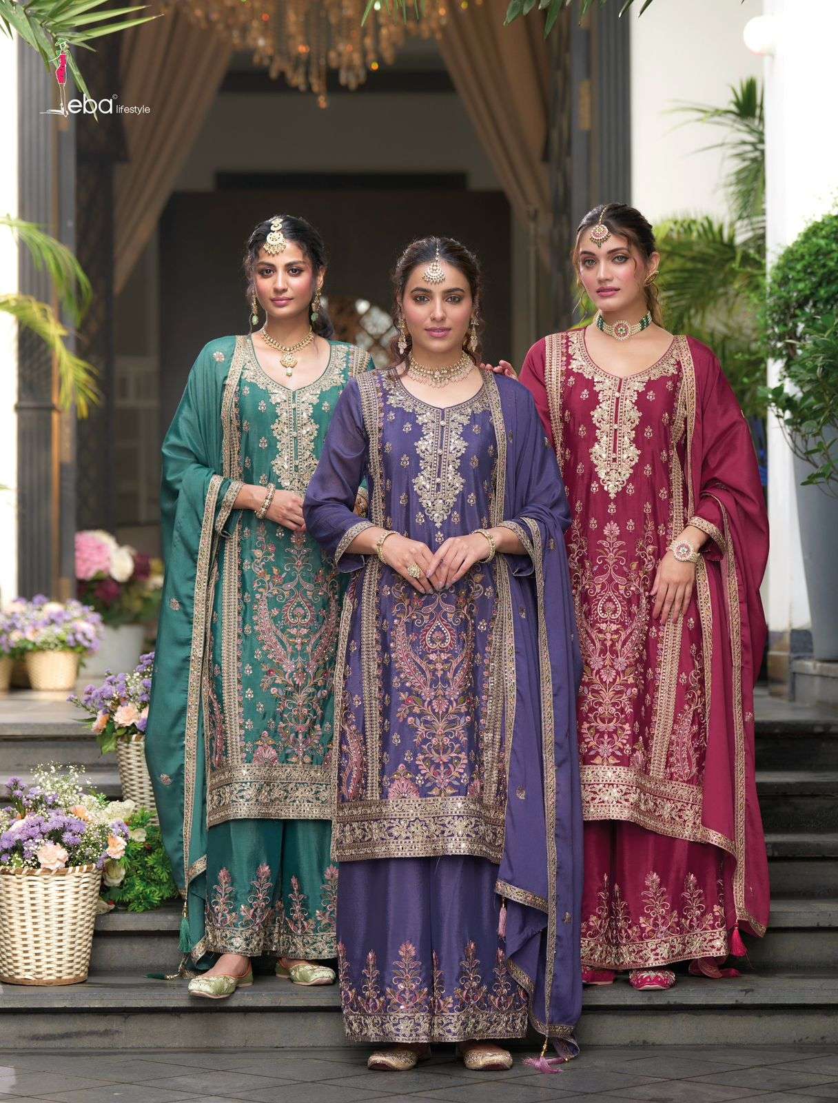 eba lifestyle catalogue ruby series 1736 to 1738 top heavy chinon with emboidery work duppta heavy chinon with emboidery work plazo heavy chinon with embroidery front n back work 