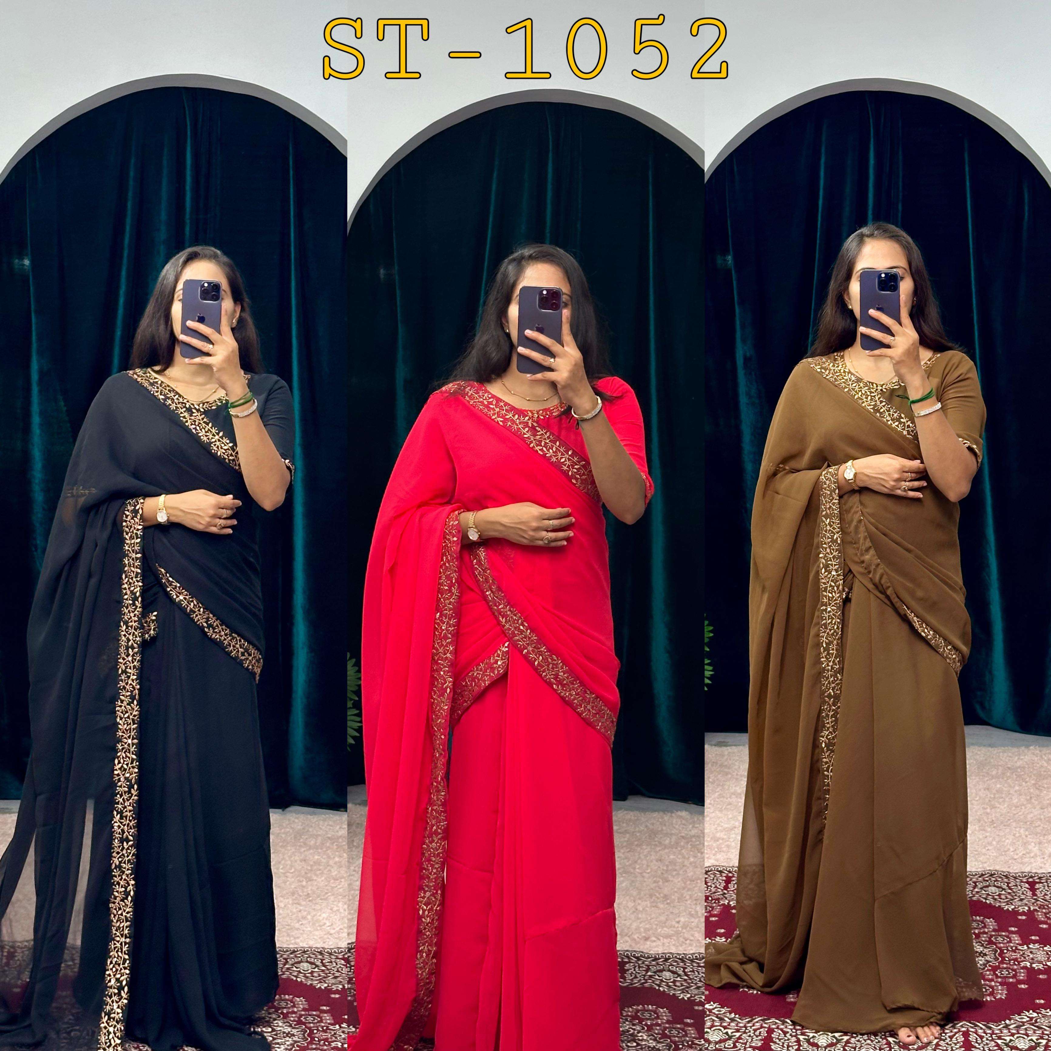 here new one gown saree superhit trending faux georgette fabric with embroidery work full flair stitched saree gown 4 size st 1052 gown details fabric faux georgette gown saree 