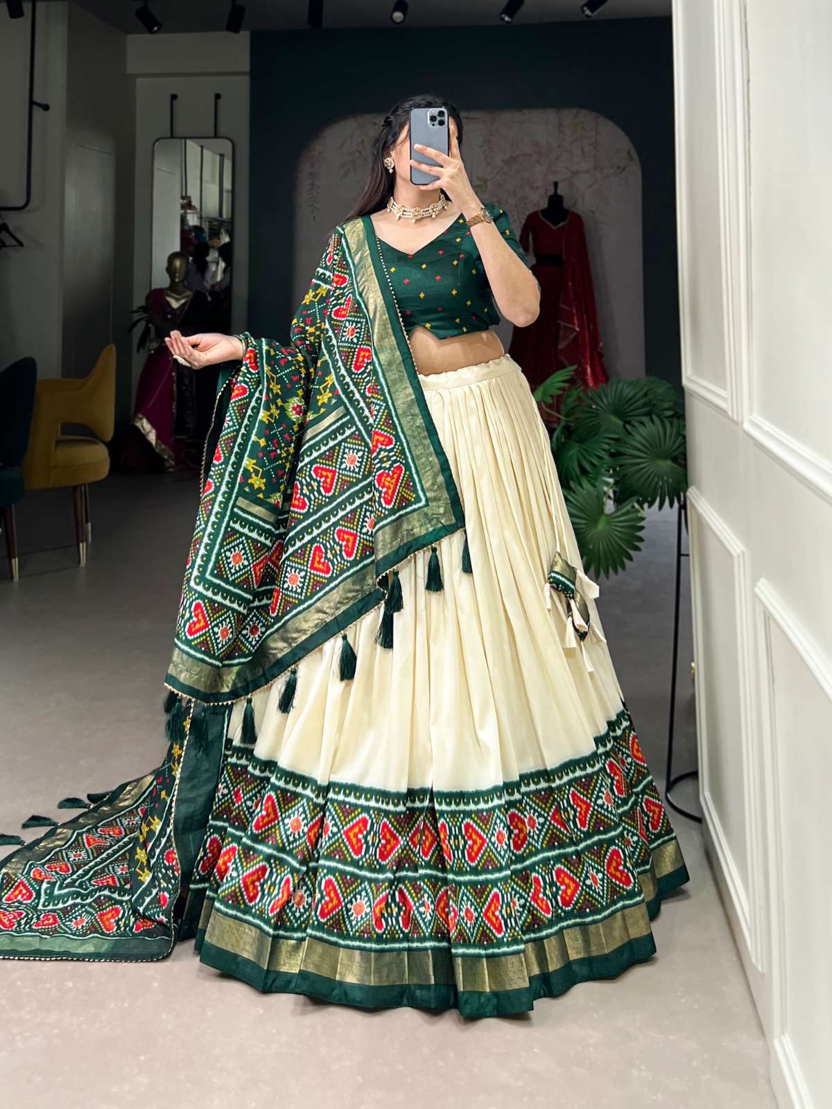 lehenga choli wedding grace in patola print catalogue aarohi lnb1230 lehenga fabric tussar silk lehenga work patola print lehenga closer drawstring with heavy tassels and zip