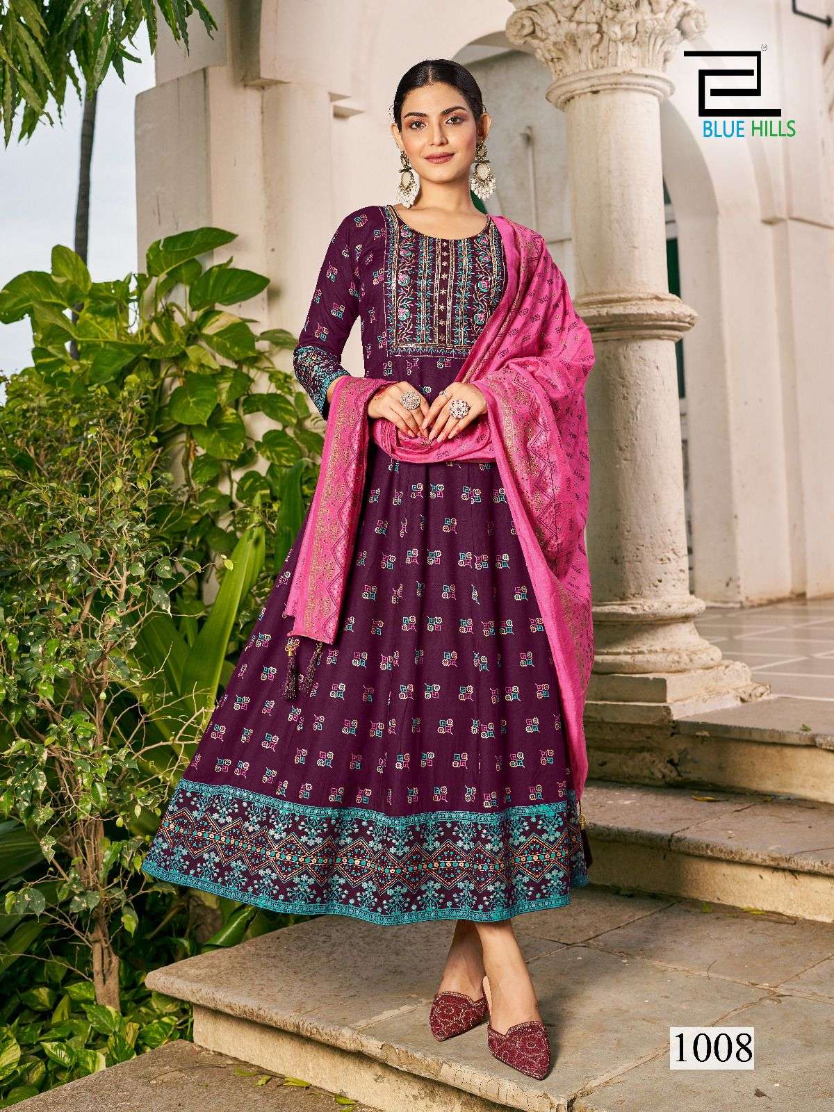 masakali 3 long gown with dupatta concept n multi color combination print and embroidery work top fabric heavy rayon with embroidery work plus print