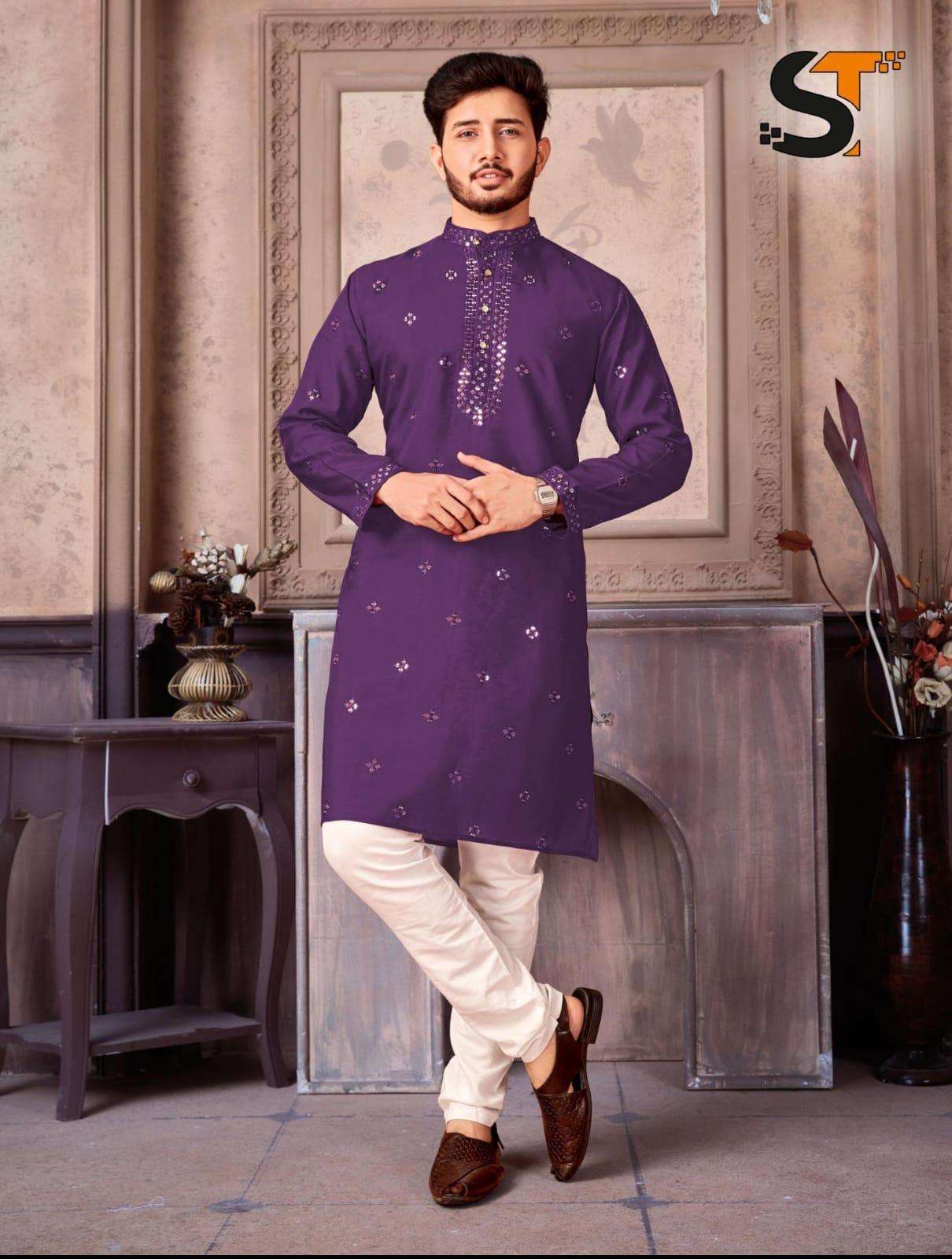 mens wear kurta pyjama traditional  work kurta for all beautiful occasions fabric 14 kg roman silk with work size m to xxl size chart provided available in 5 hot favorite colours
