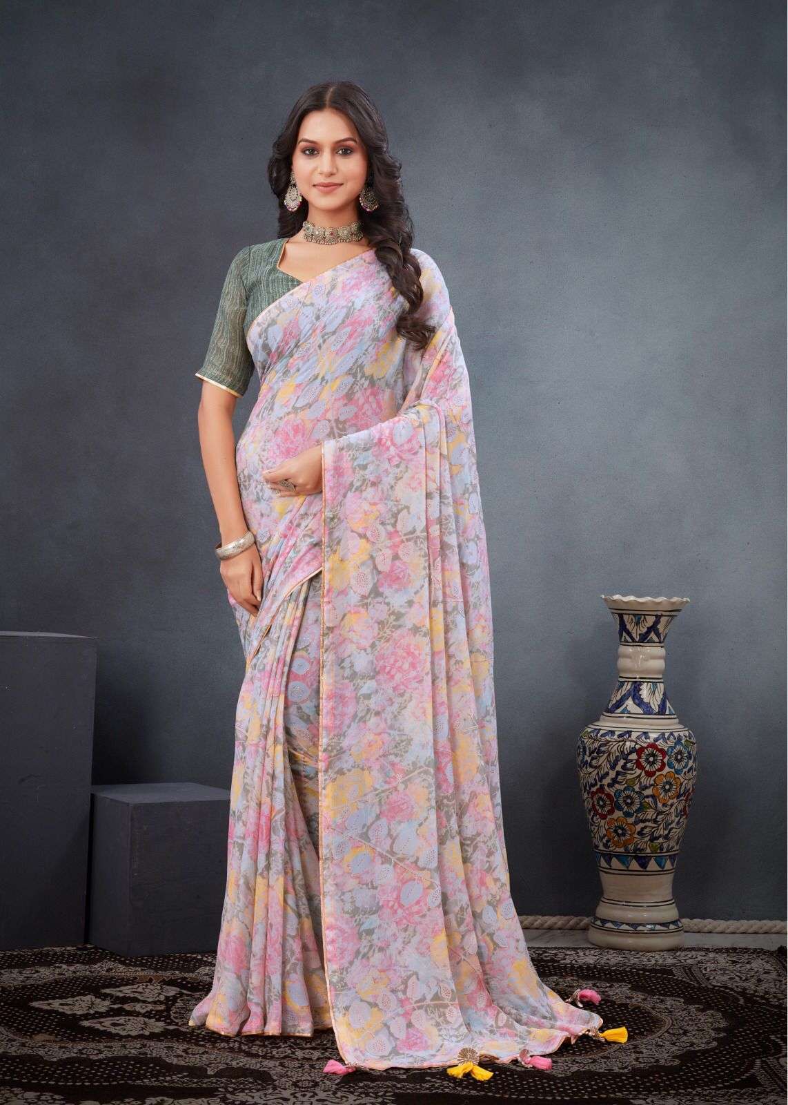 saree catalogue dena fabric moss georgette fabric with mill foil print and lace patti bordar with contrast banglori blouse designer partywear saree light saree 