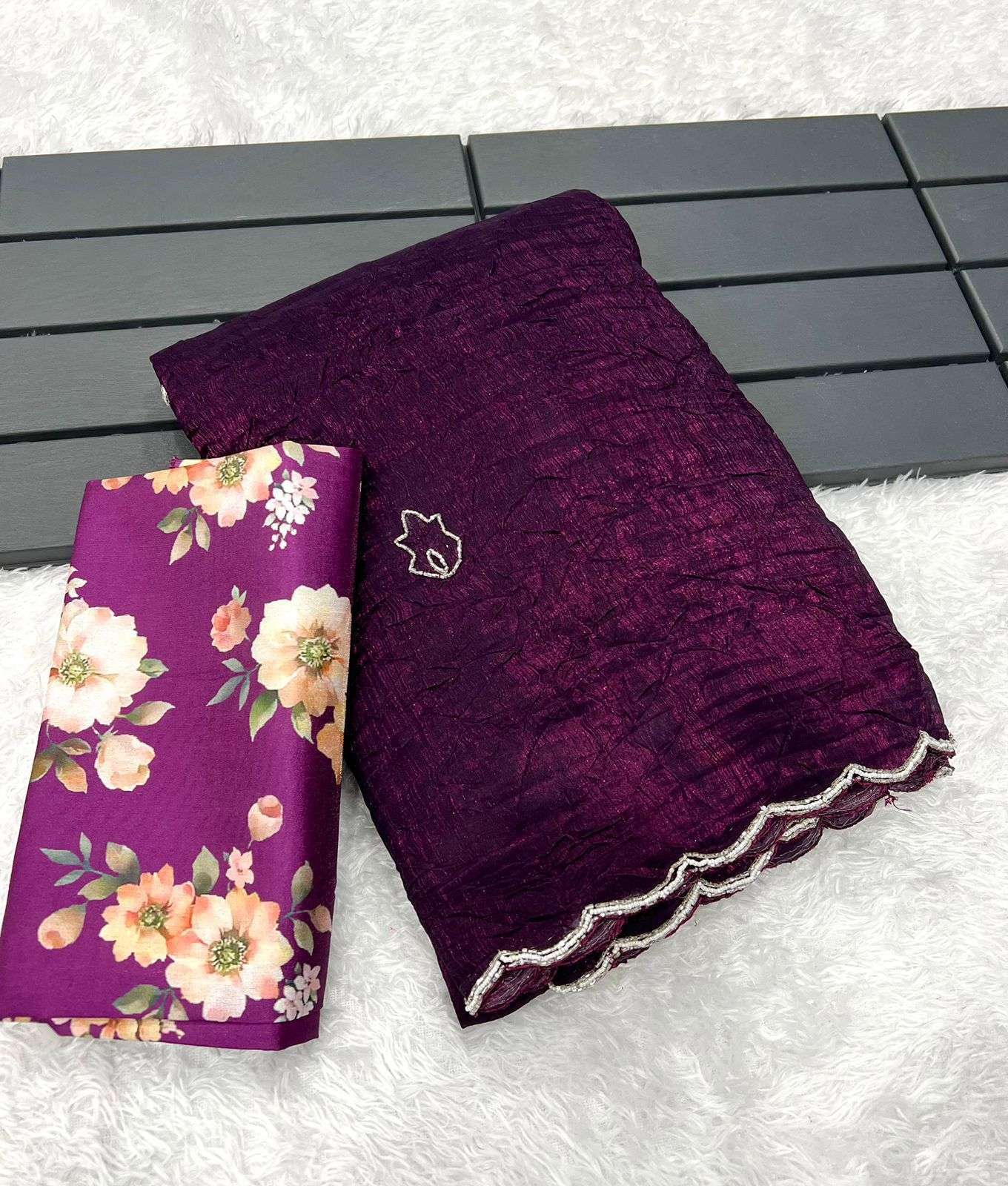 saree catalogue imariti fabric heavy gold crush fabric with silver handwork cutwork bordar and handwork butti in body with flower digital printed blouse designer saree 