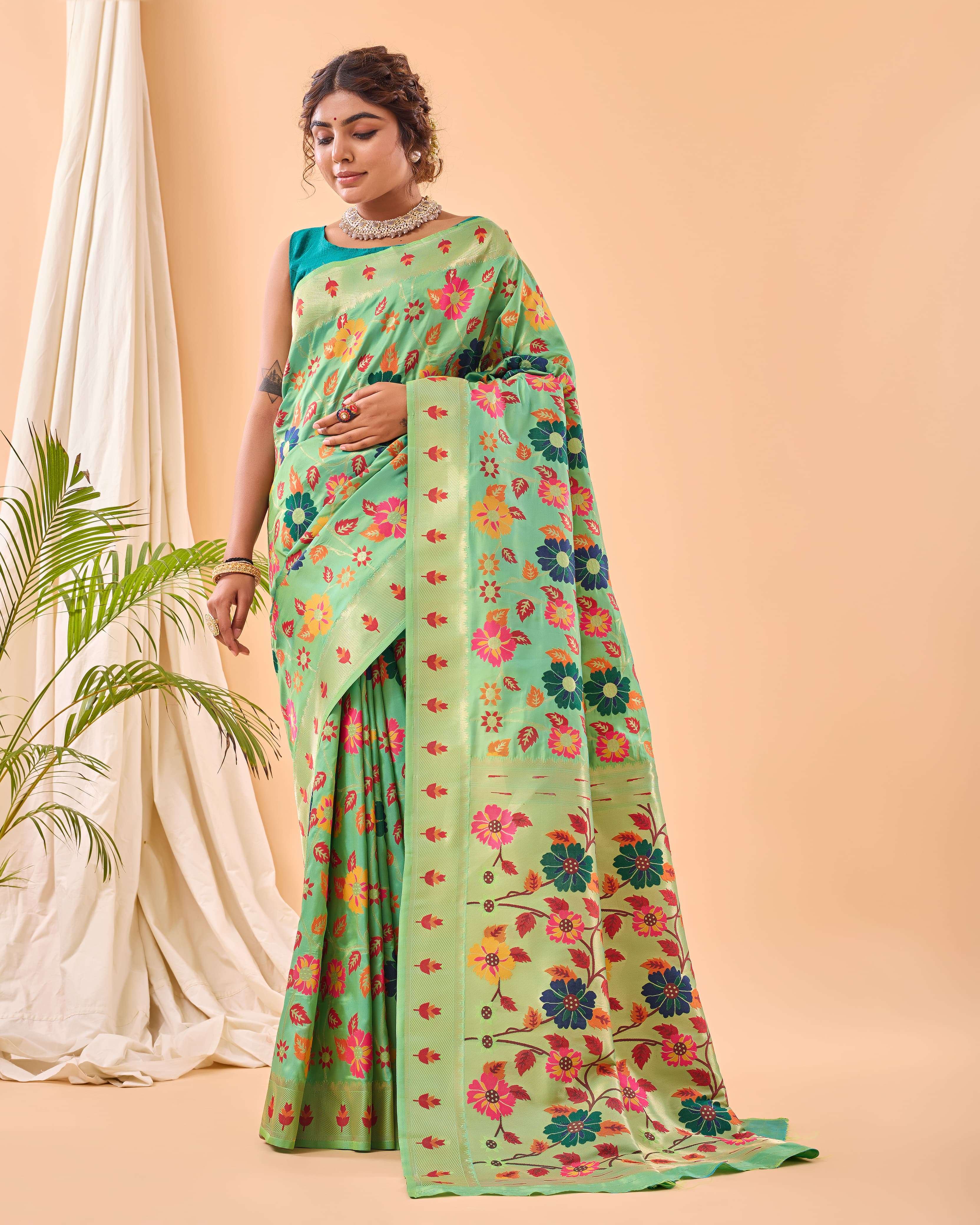 saree catalogue radhika pure paithani silk saree with jaal design all over with meenakari work and paithani border both the sides with extremly rich pallu