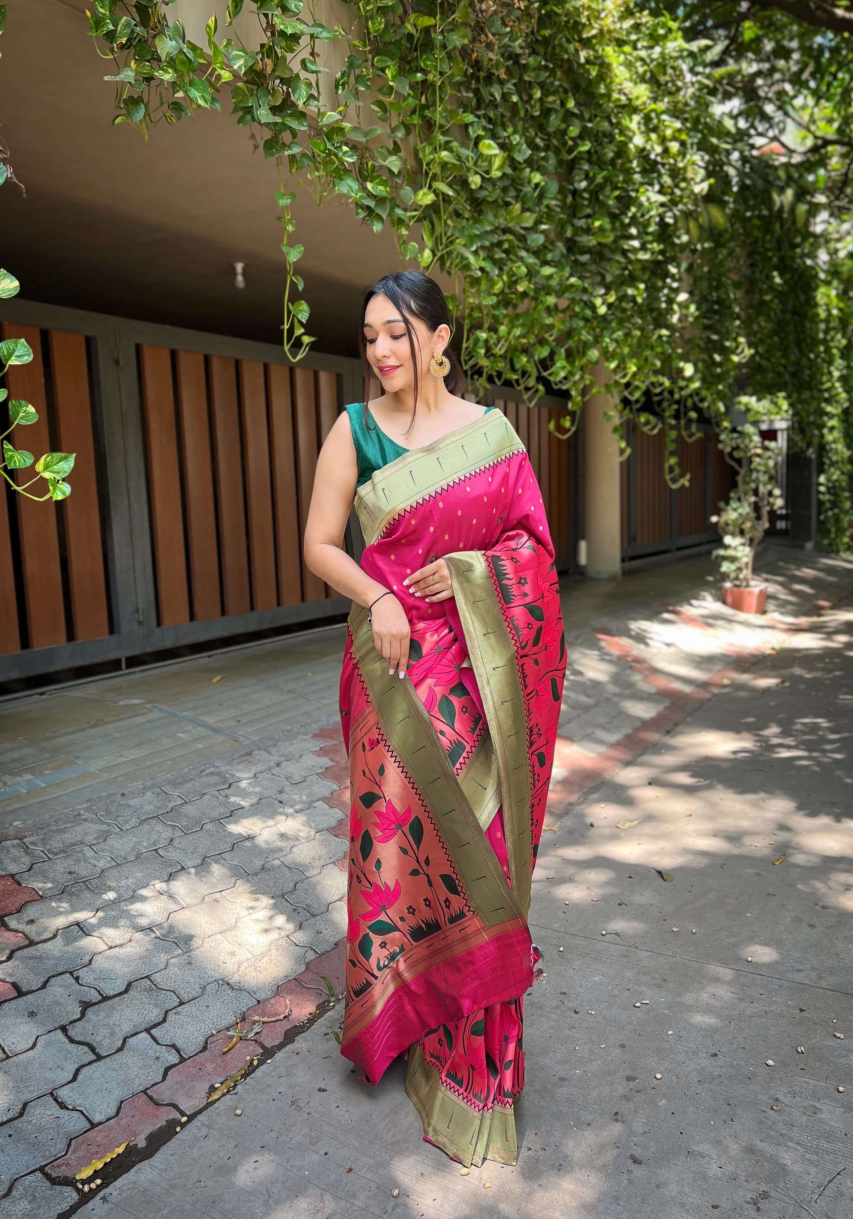 saree catalogue titli pure banarasi paithani silk saree with resham weaved zari and 12 inch border with meenakari flower designs and contrast border both sides with rich pallu