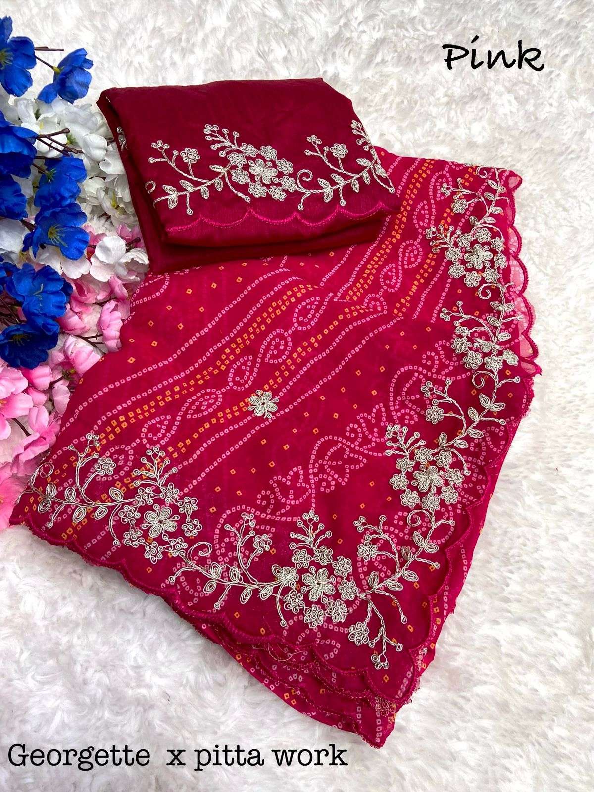 saree pitta work fabric n details soft peding georgette bandej saree with beautiful cpallu pitta work n whole saree butti with rich look cut work border heavy mono with work