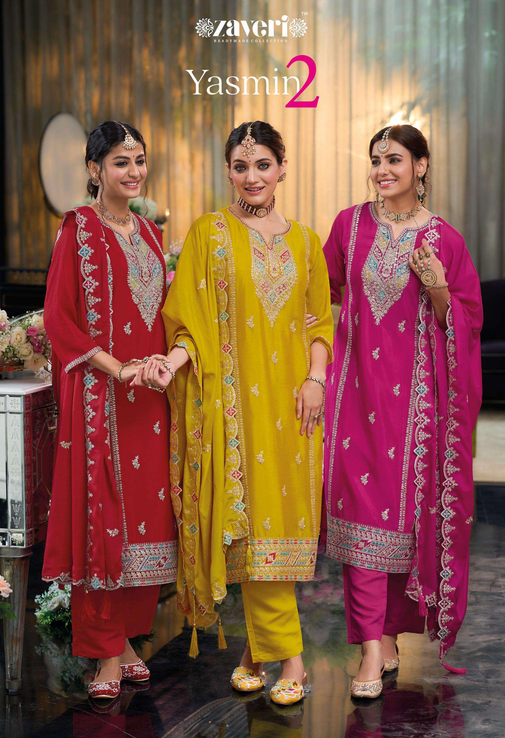 zaveri catalogue yasmine vol 2 series 1376 to 1378 top havey chinon with  emboidery work duppta havey chinon with embroidery pant heavy silk