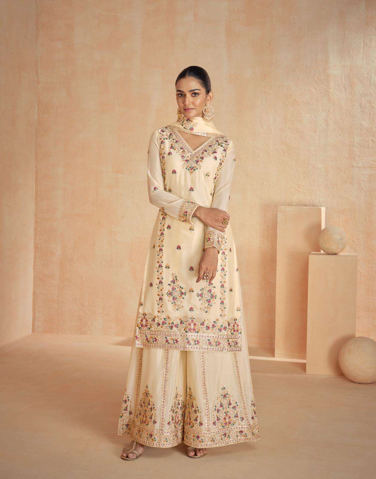 aashirwaad creation catalogue rinaaz series 10121 to 10124 fabric top premium chinnon silk free size stitch plazzo premium chinnon silk free size stitched   