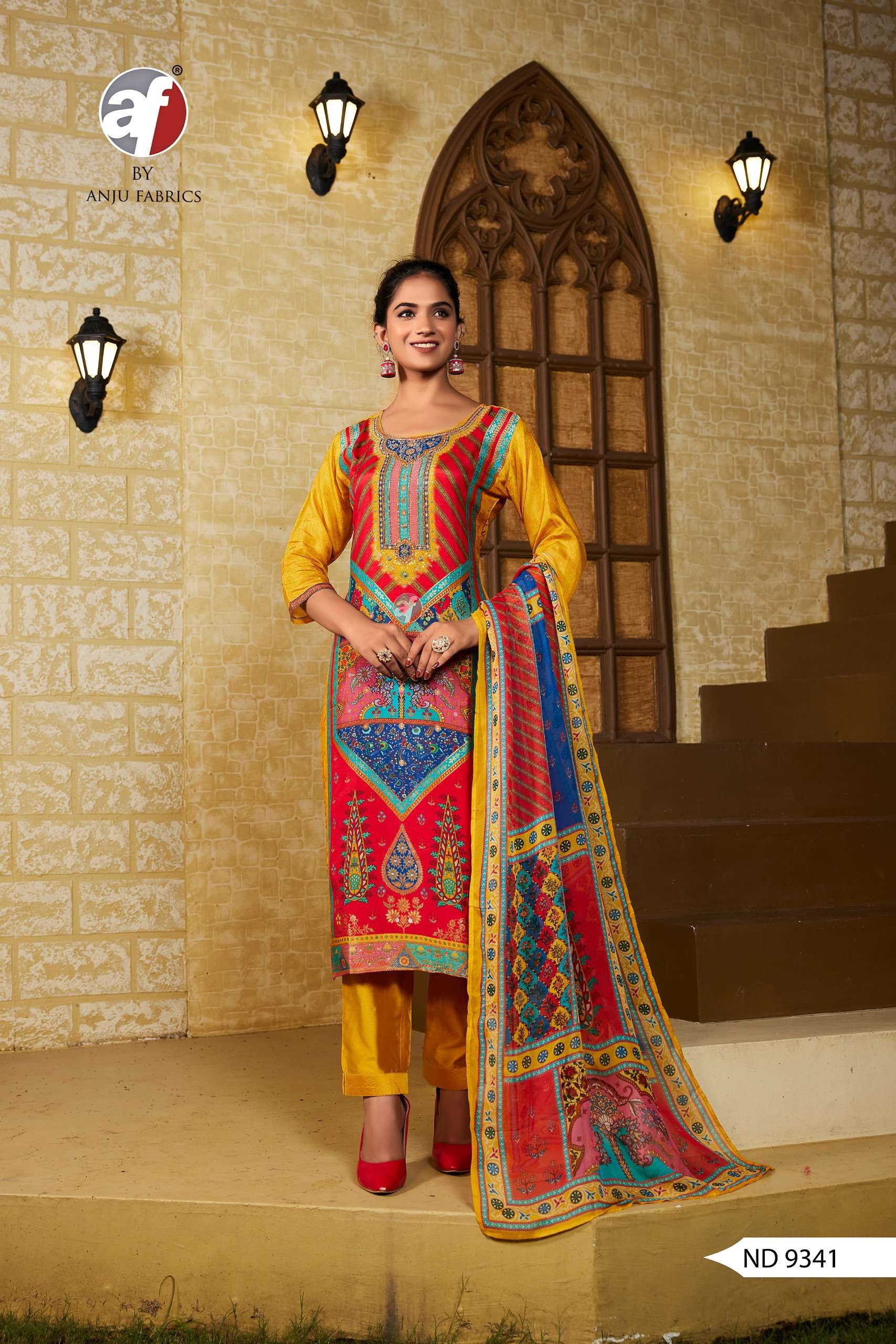 anju fabric catalogue design number 9341 to 9342 top fabric pure russian silk with position print bottom fabric blended viscose dupatta fabric pure organza with digital print
