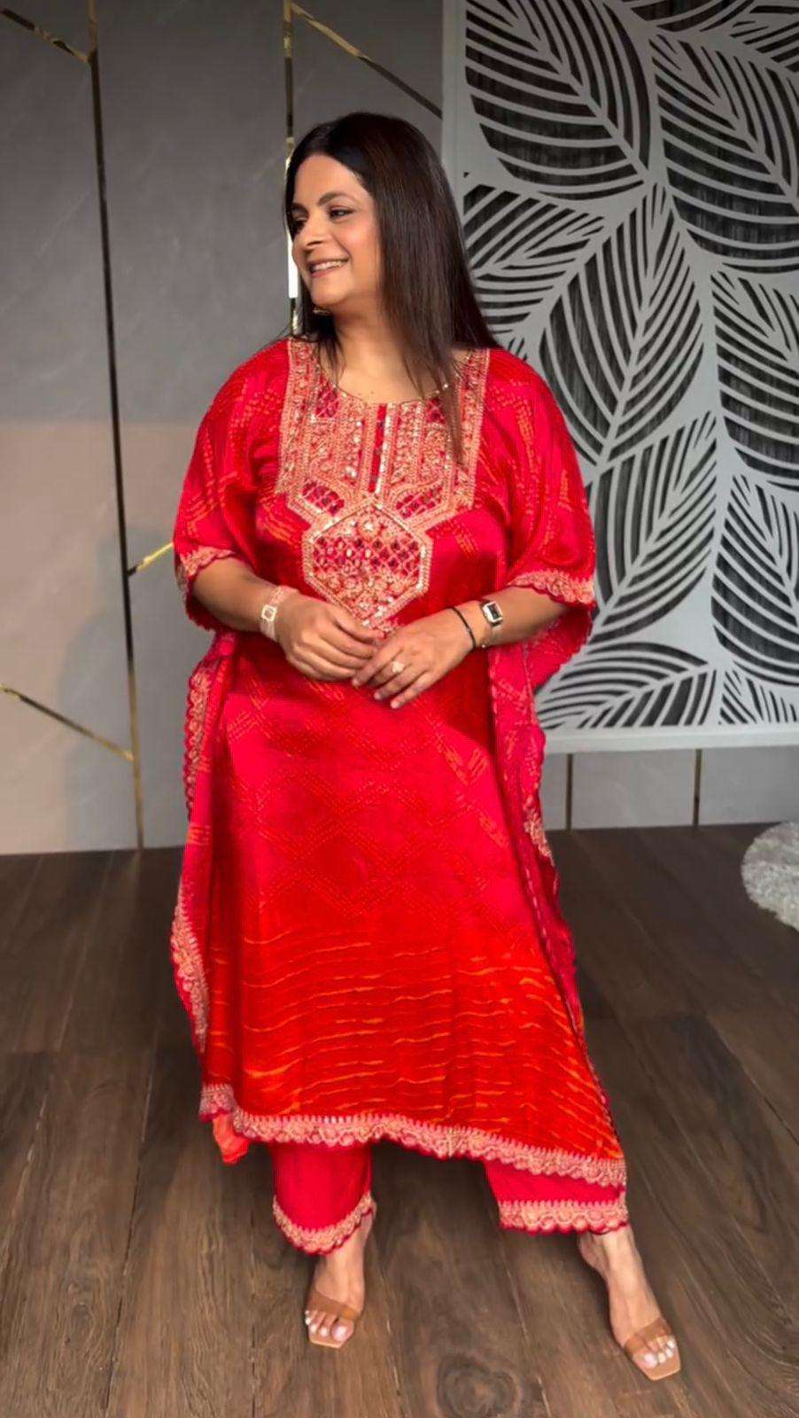 bandhani print with cording sequences embroidery and real mirror work kaftan with pant code lg 1882 chinon cording sequence embroidered work and printed with real mirror