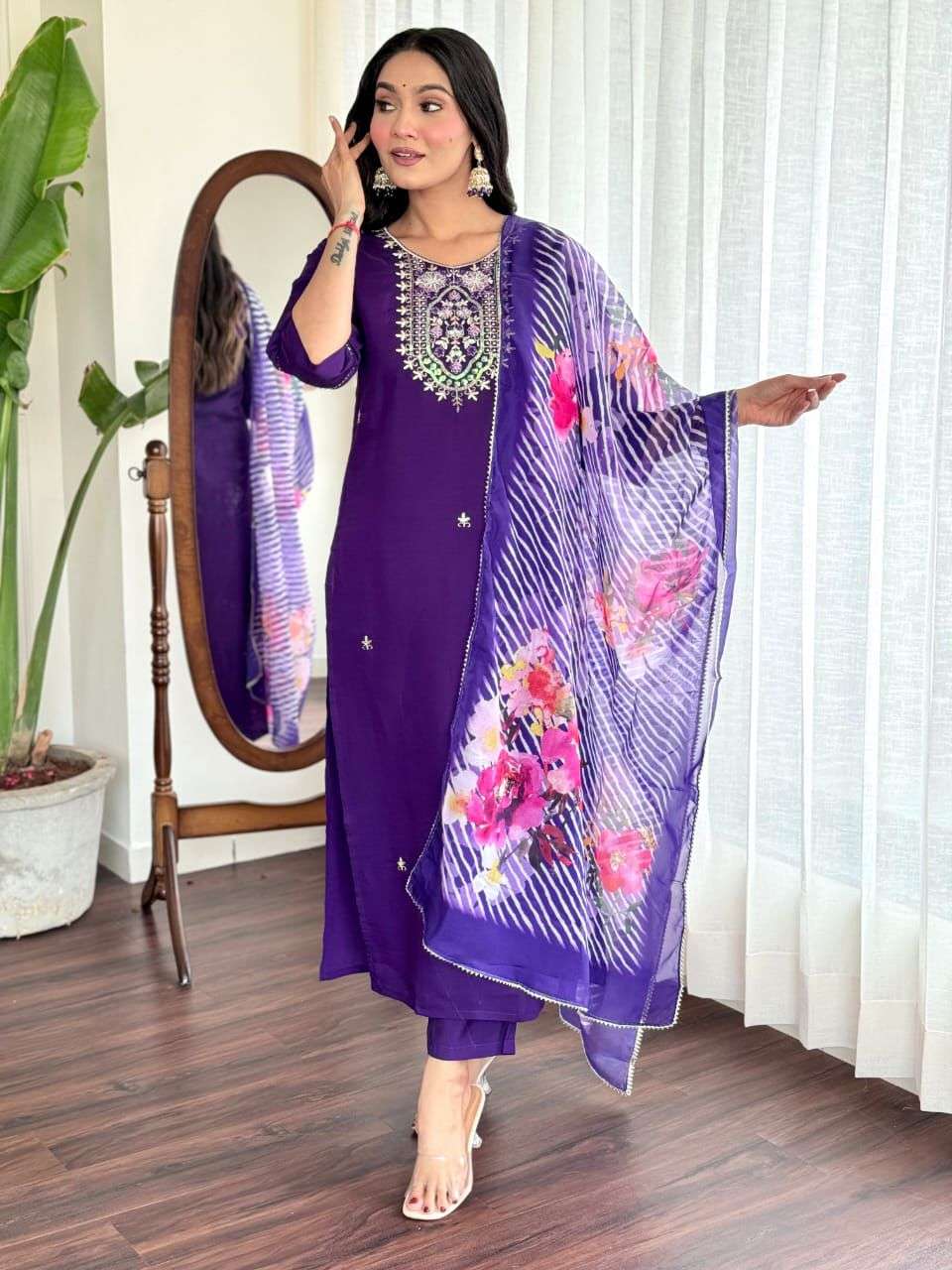 catalogue mohini top fabric roman silk bottom fabric roman silk dupatta taby silk  print top work embroidery bottom work plain dupatta work print readymade dresses size m to xxl