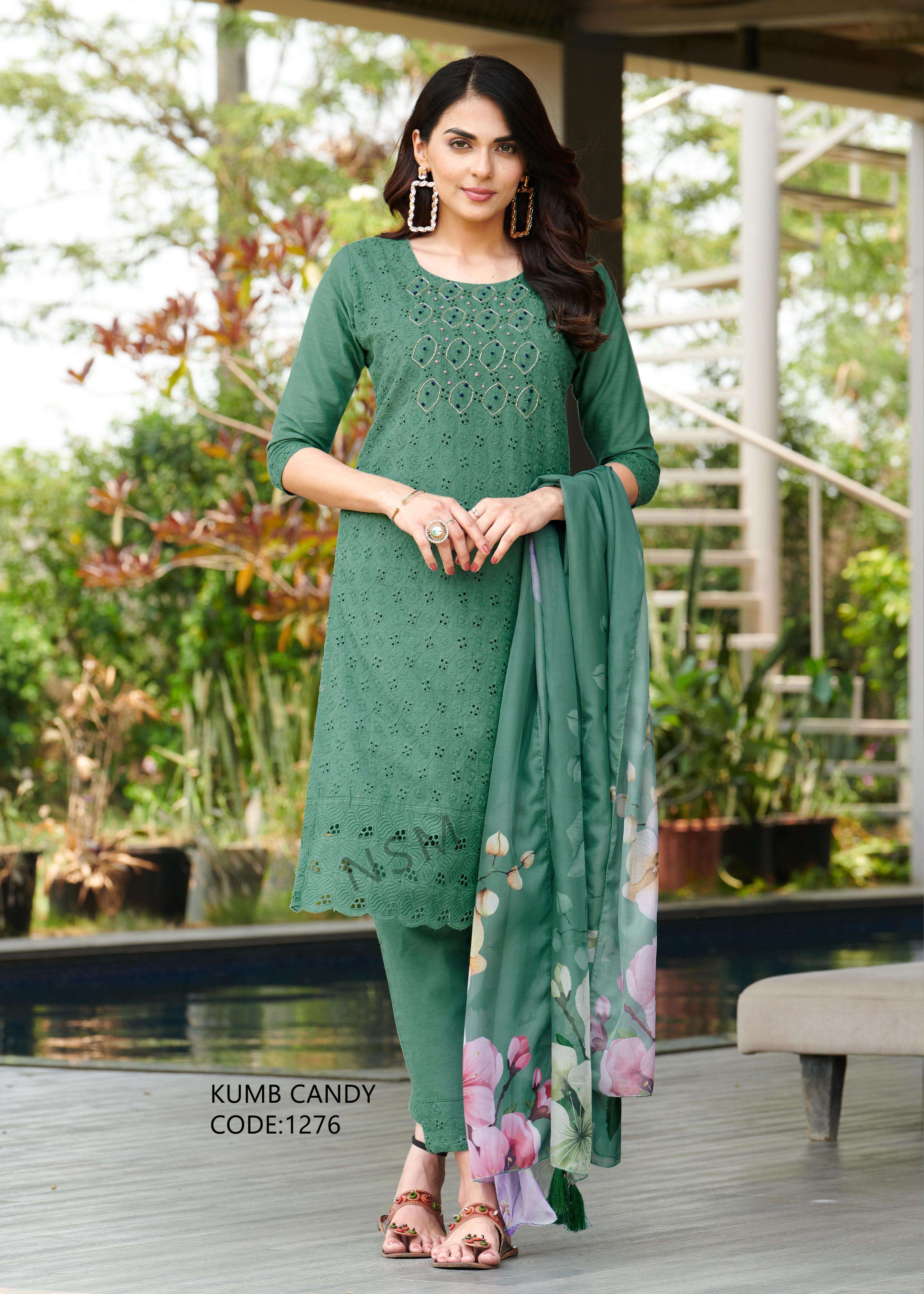 catalogue name kumb candy heavy cambric cottan shifflei stich suit top neck hand work with pure cambric cotton heavy shifflei work inner- pure cotton dupatta organza with digital print