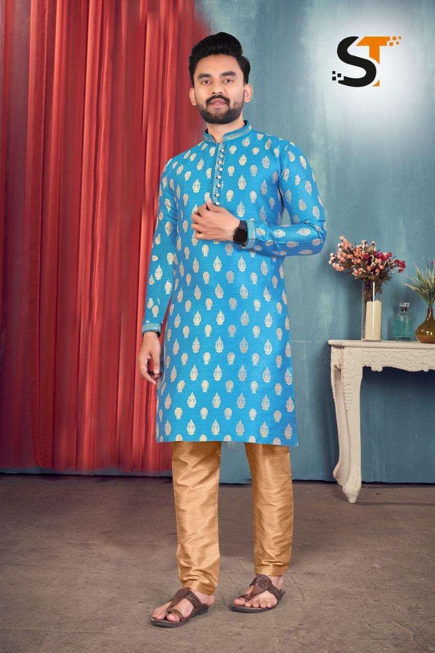 catalogue name shaadi vol 2 kurta fabric  jacquard  with beautiful collor and tie pajama fabric silk total design 4 piece size 38 to 44 kurta n pyjama
