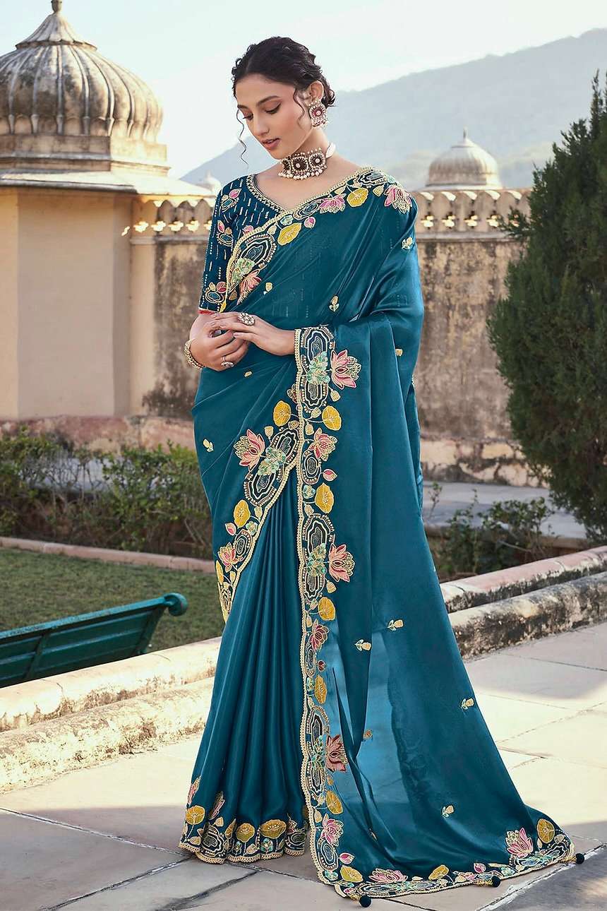 design number bt 1225 saree fabric pure soft jimmy cho silk saree work heavy embroidery multi treads n coding n sequins work n fancy cutwork border with 2 latkans