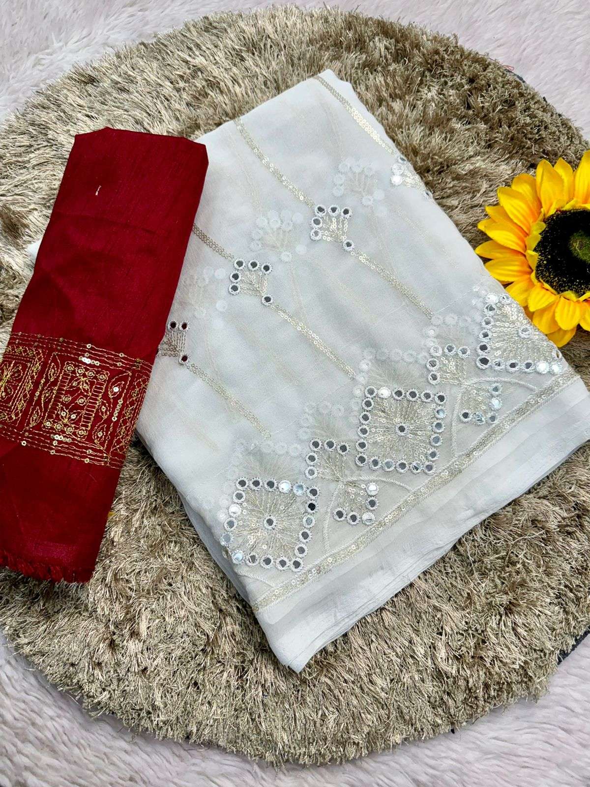 georgette super quality original mirror work super work beautiful premium quality chiffon bandhini sarees with all over bandhini print along with foil mirror cut work border work rinted blouse as in pic
