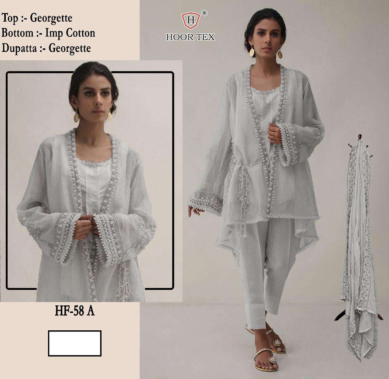hoor tex readymade new catalogue in pakistani full stitched design number hf 58 a to c top heavy georgette bottom imported cotton  dupatta heavy organza size xl 42 n xxl 44