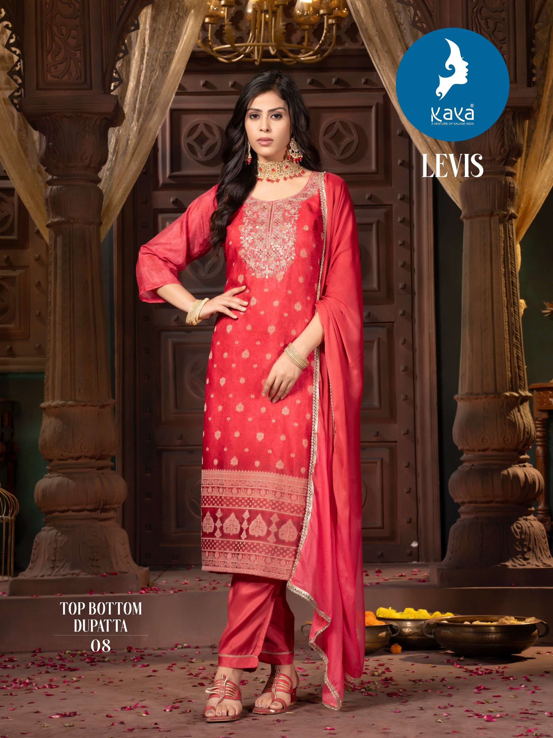 kaya kurti 3 piece catalogue festive collection 3 piece straight cut with work concept top blend chanderi silk jacquard with astar bottom heavy shantoon with one side pocket