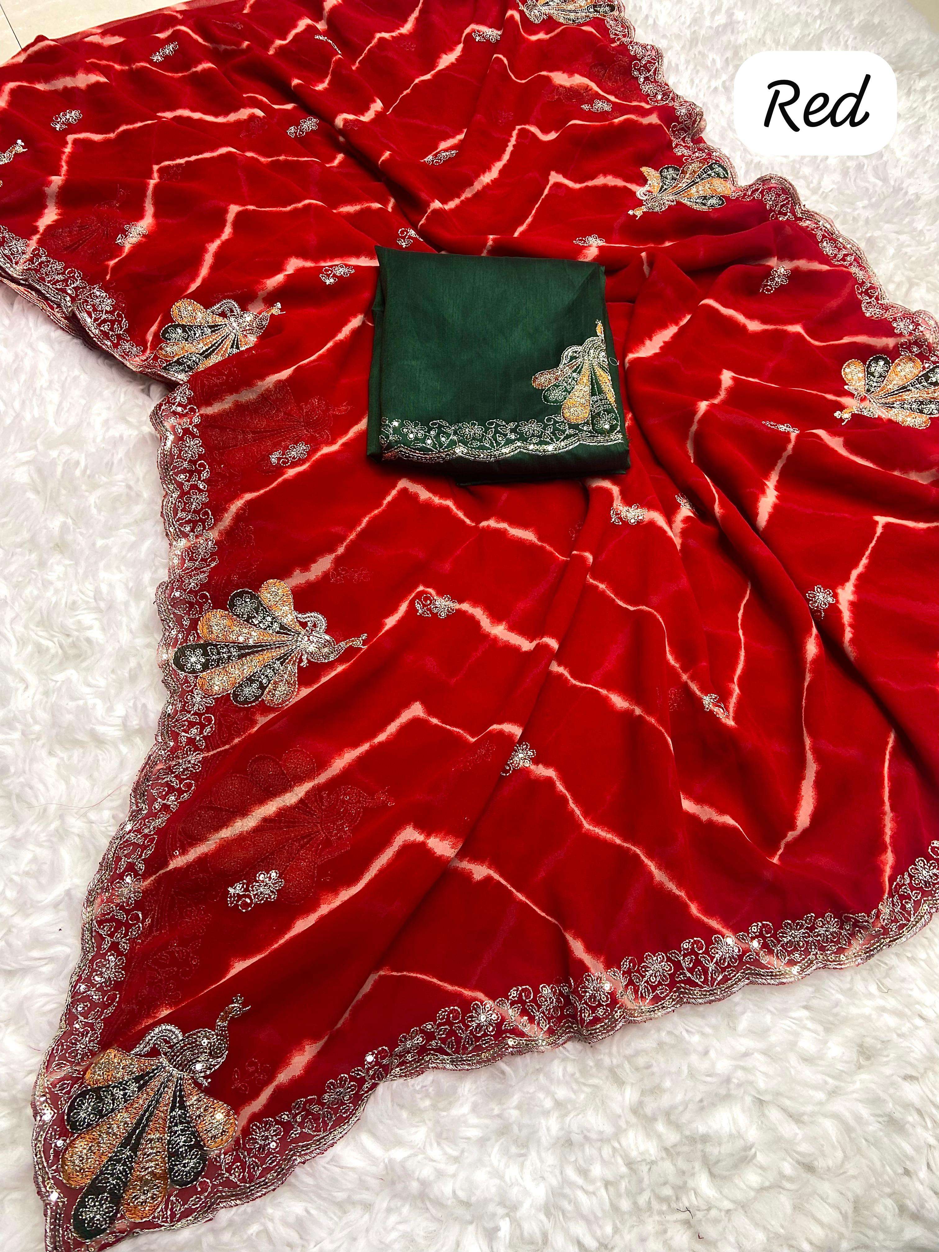 leheriya saree  soft c by c georgette lehriya saree with beautiful cpallu heavy zari seqance work with peocock figure n butti in whole saree with cut border saree leheriya saree
