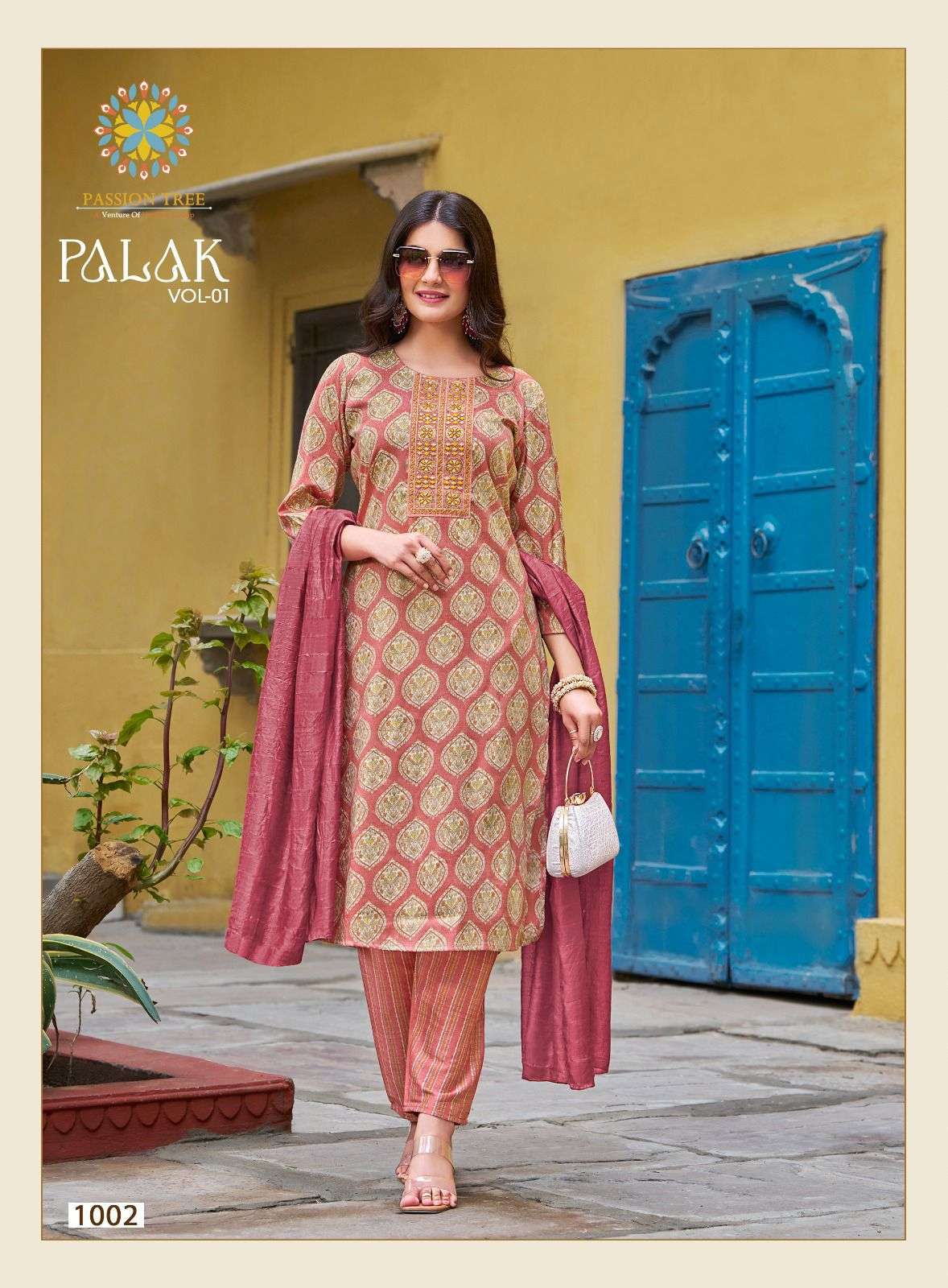 passion tree a venture of varniraj group catalogue name palak vol 1 pattern straight kurti with pant n dupatta capsule print kurti n foil n bottom fancy embroidery work jaquard dupatta