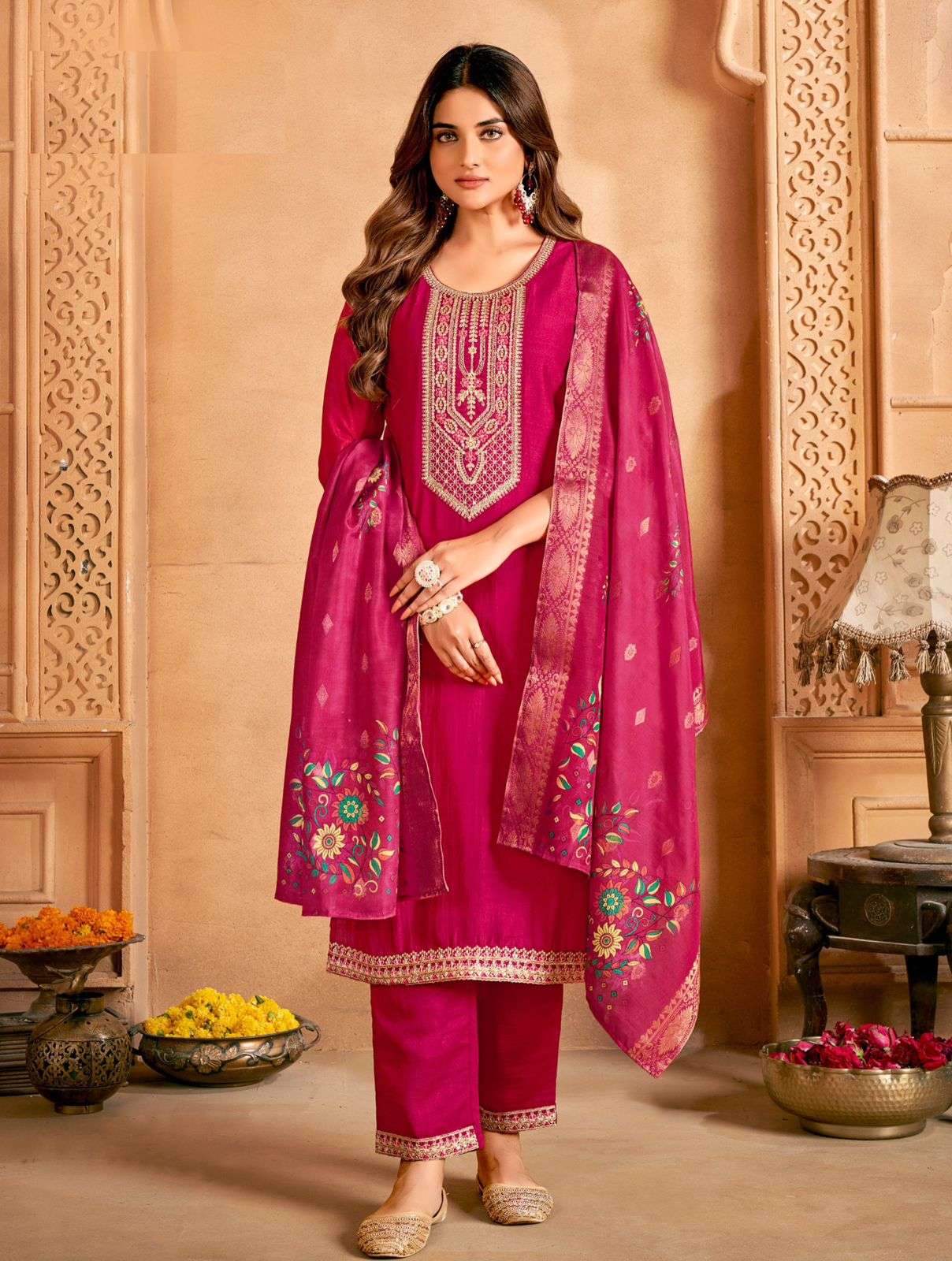 samaira fabric details top vichitra silk with cotton inner heavy embroidery work pant vichitra silk with cotton inner and border embroidery work  dupatta size m to 3xl suit 