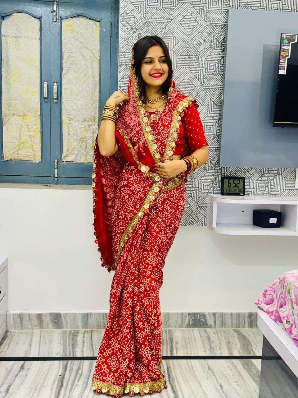 saree ajrakh  maroon nd red 2 colr gajji silk pallu sarees saree gajji silk  fabrics print n hand block print fancy exclusive fancy sarees saree 