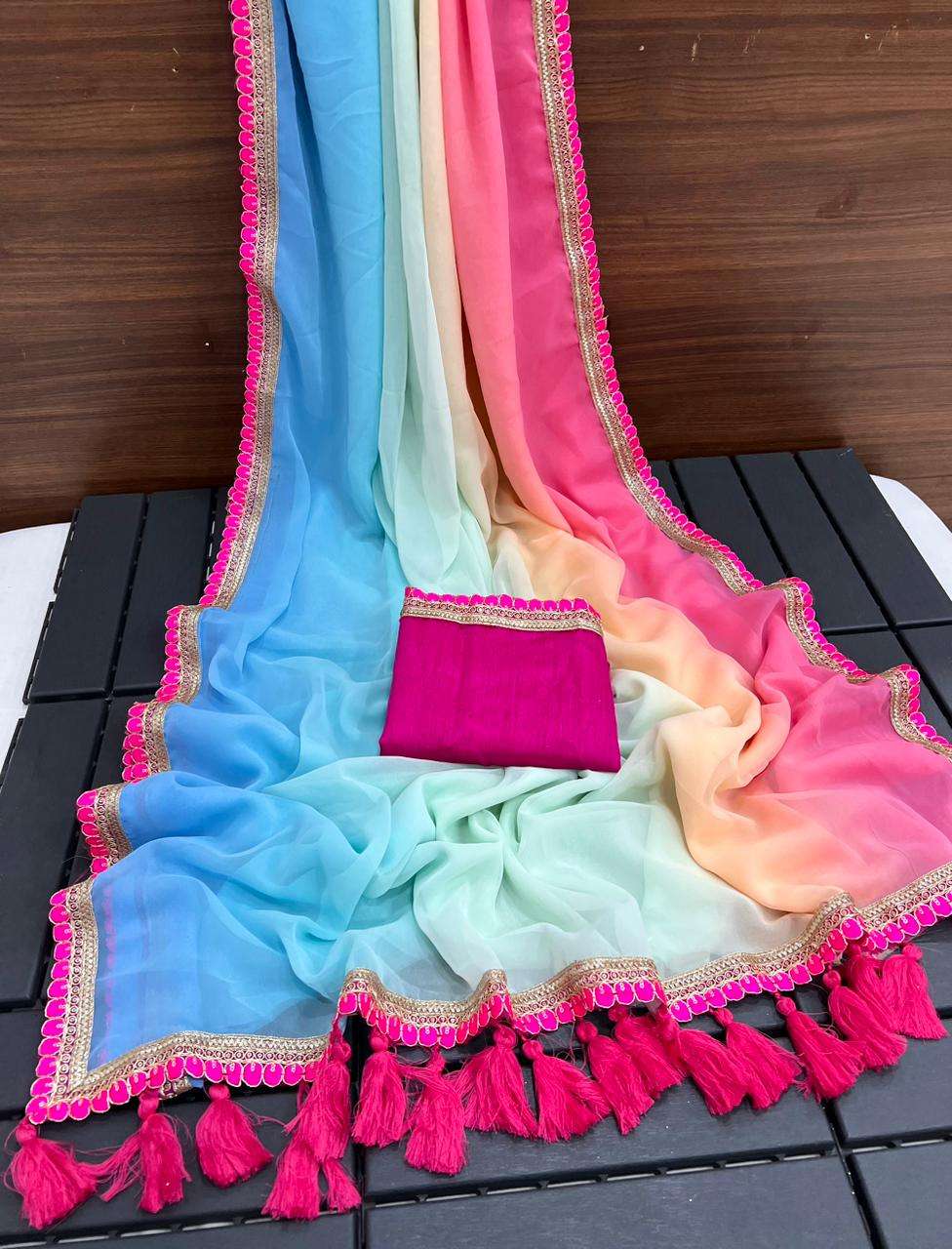 saree catalogue prerna fabric foxx georgette fabric with beautiful multi colour pedding and embroidery heavy coding sequence bordar with heavy fancy latkan saree 
